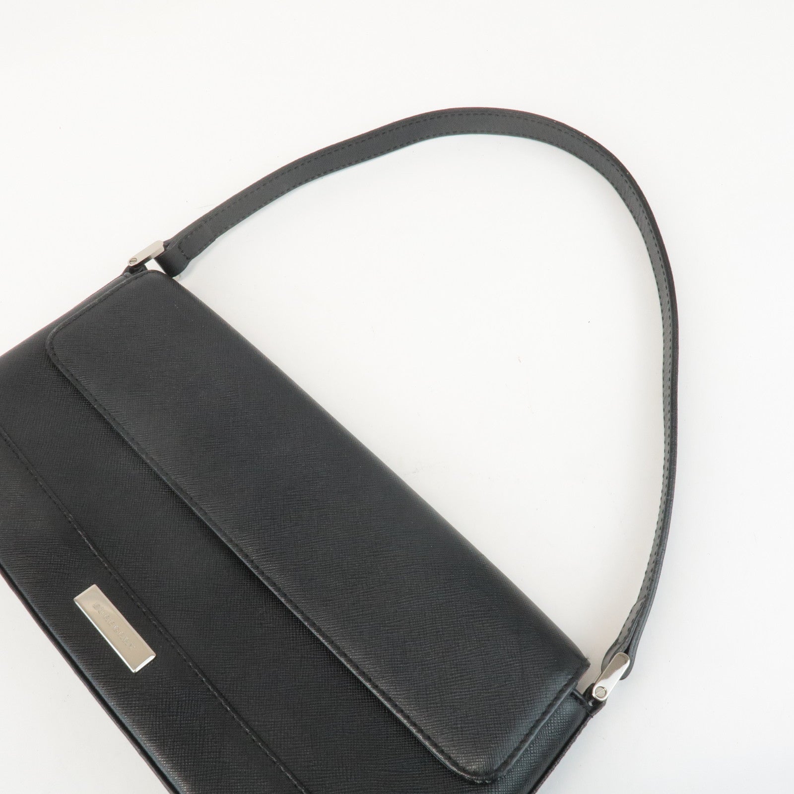 BURBERRY Leather Shoulder Bag Hand Bag Black Silver Hardware Used