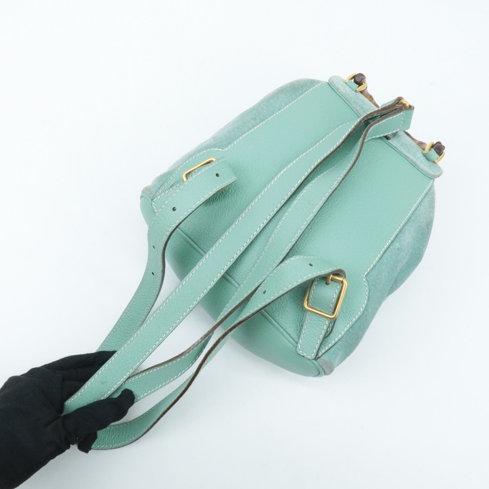GUCCI Bamboo Suede Leather Mini Back Pack Green 003.2058.0030 Used