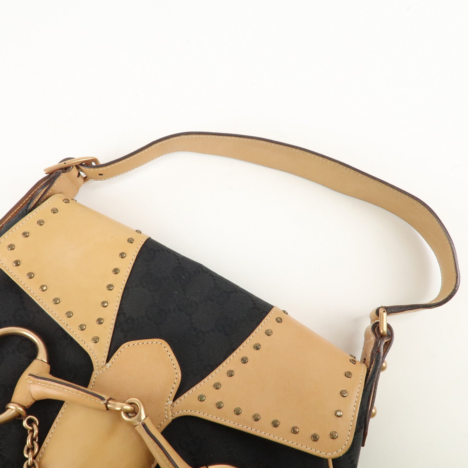 GUCCI Horsebit GG Canvas Leather Studs Shoulder Bag Black 114915 Used