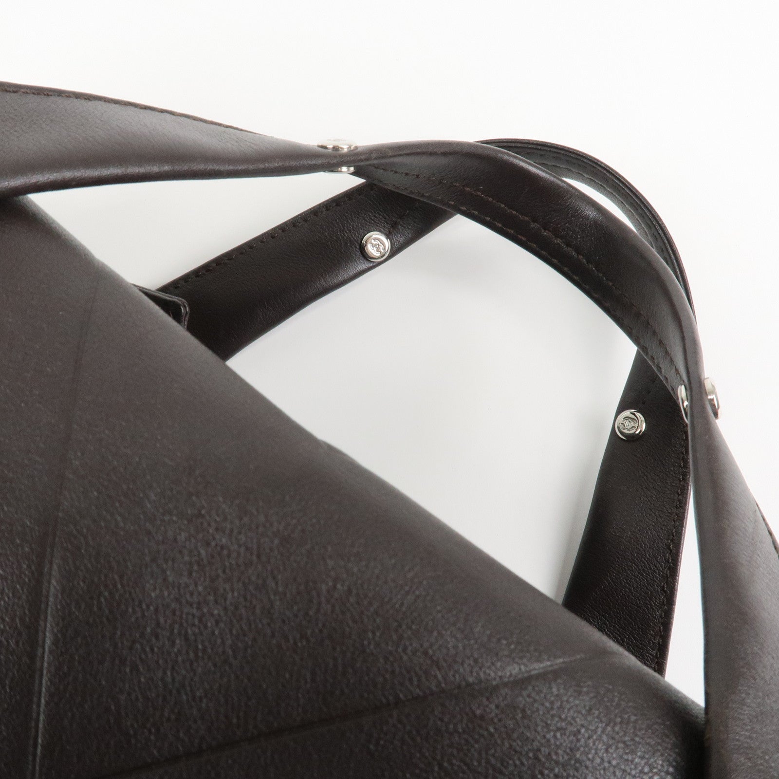 CHANEL COCO Mark Shevron Lamb Skin V Stich Tote Bag Dark Brown Used