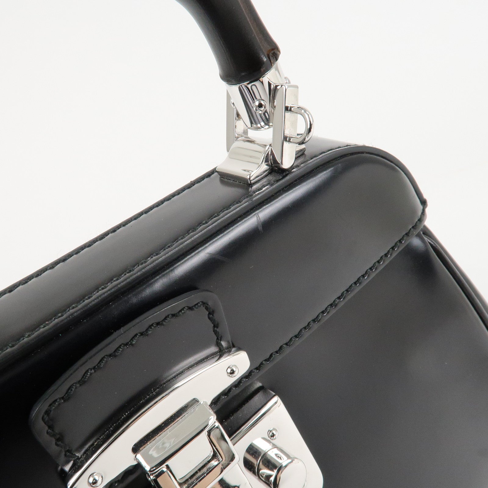 GUCCI Bamboo Leather 2Way Bag Hand Bag Black Handbag 353522 Used