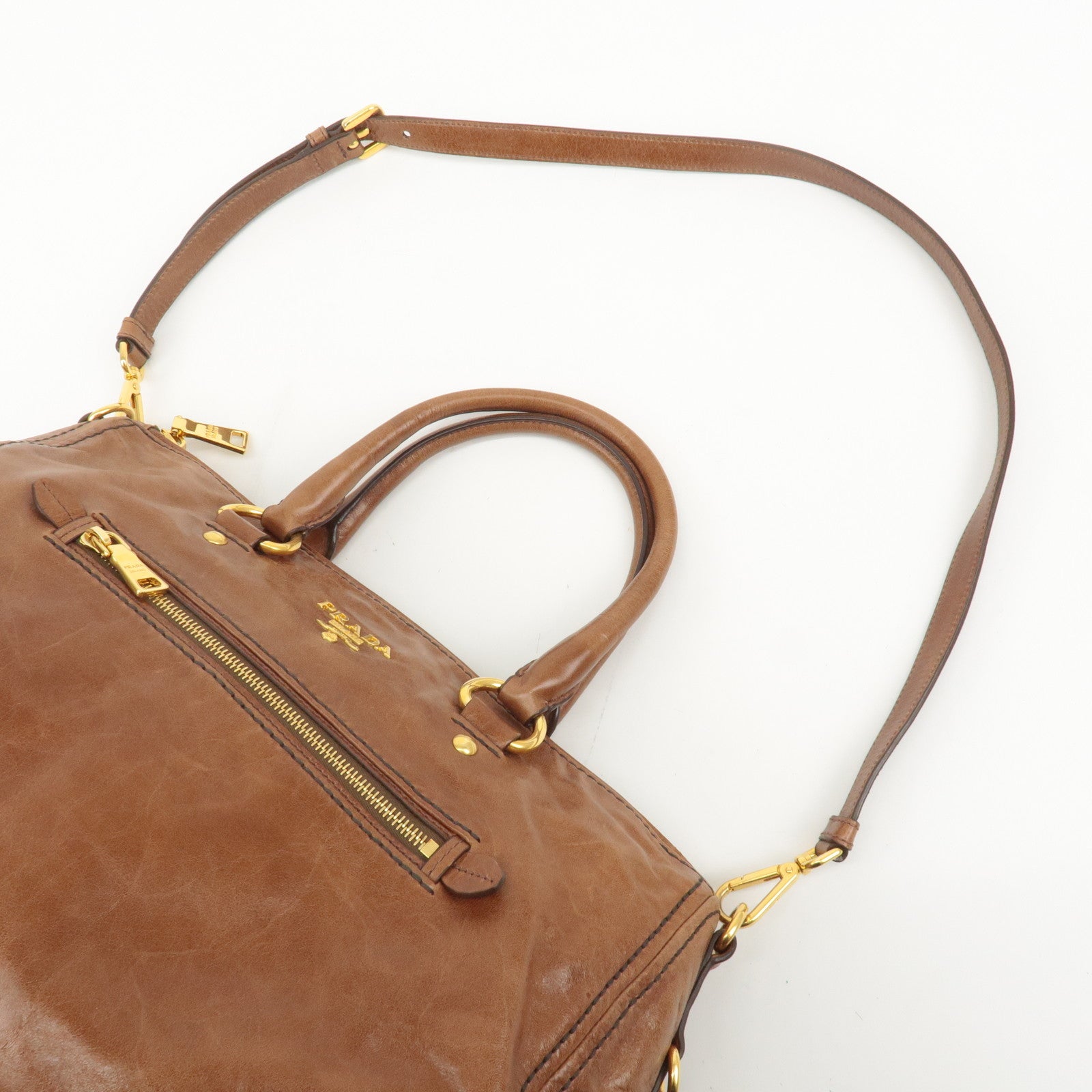 PRADA Logo Leather 2way Hand Bag Shoulder Bag Brown BL0727 Used