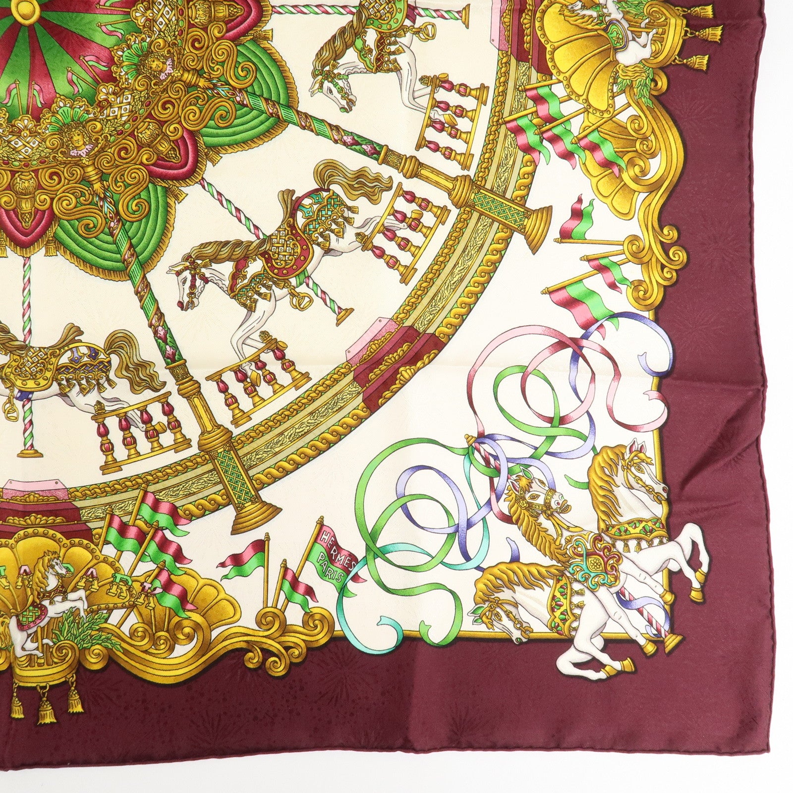 HERMES Carre 90 Silk 100% Scarf LUNA PARK Wine Red White Yellow Used