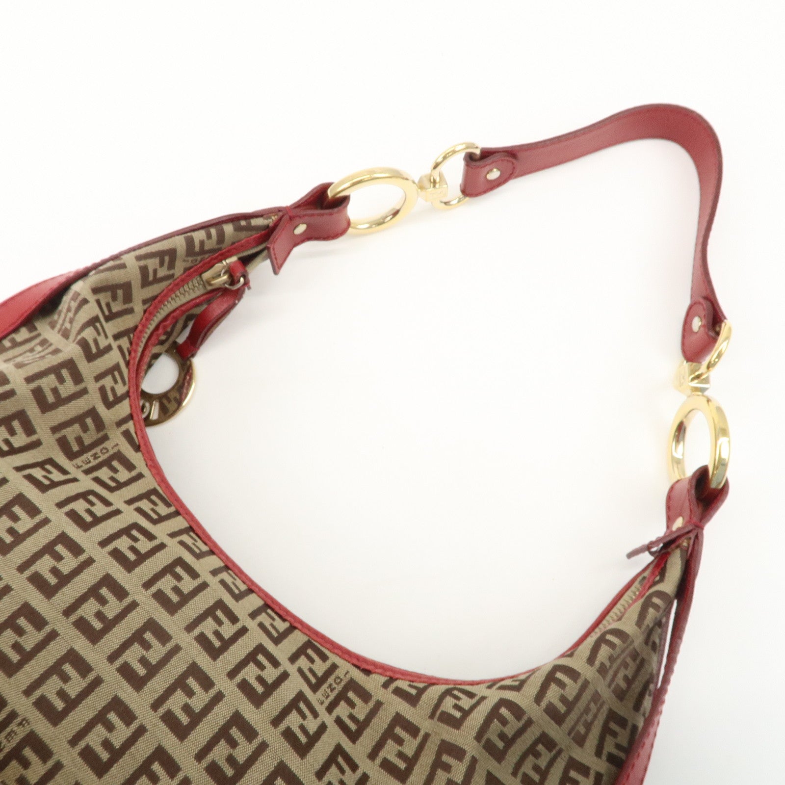 FENDI Zucchino Canvas Leather Shoulder Bag Khaki Brown Red 8BR465 Used