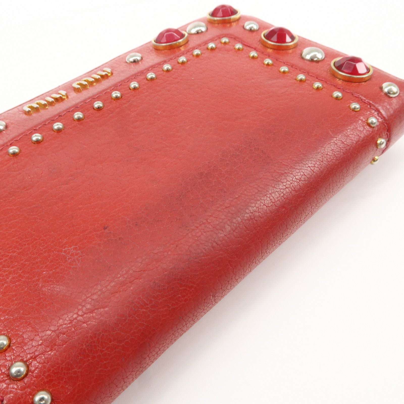 MIU MIU Leather Round Zipper Long Wallet Bijou Studs Red Used