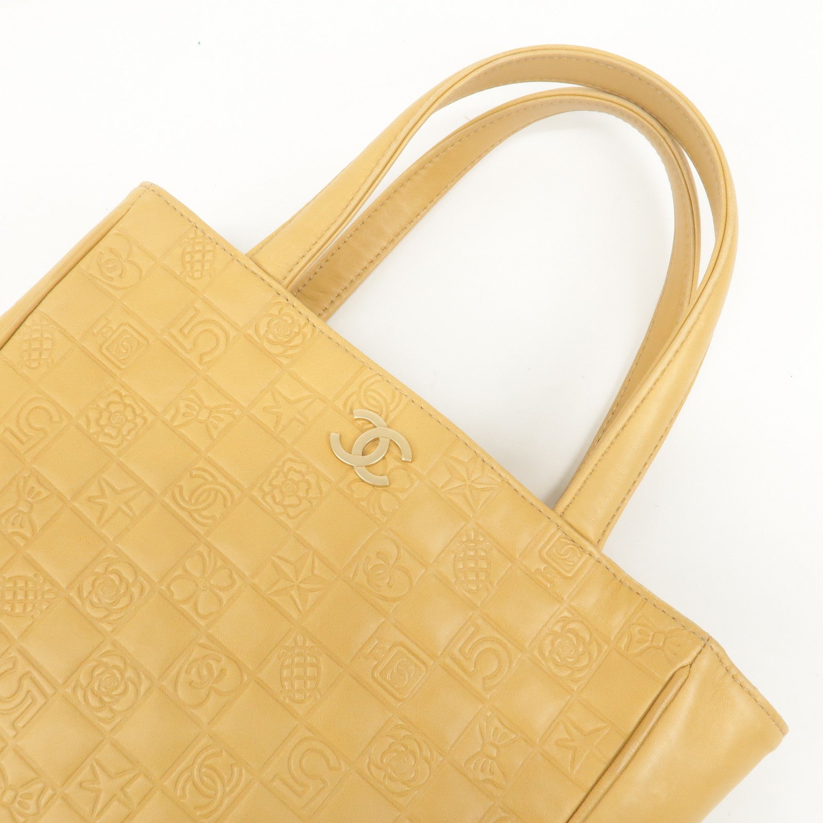 CHANEL Icon Line Leather COCO Mark Tote Bag Hand Bag Beige Used