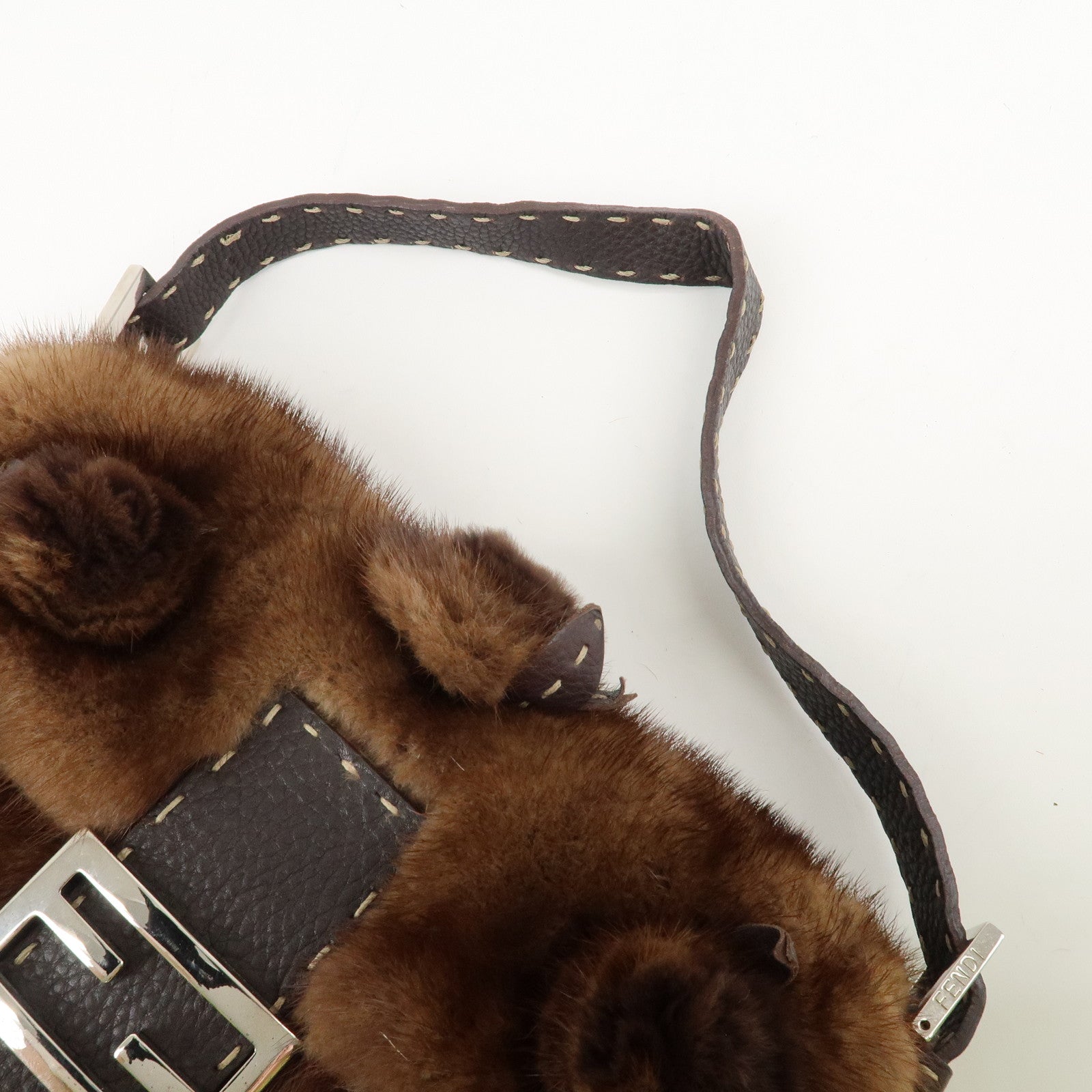 FENDI Mamma Baguette Selleria Mink Leather Shoulder Bag 8BR101 Used