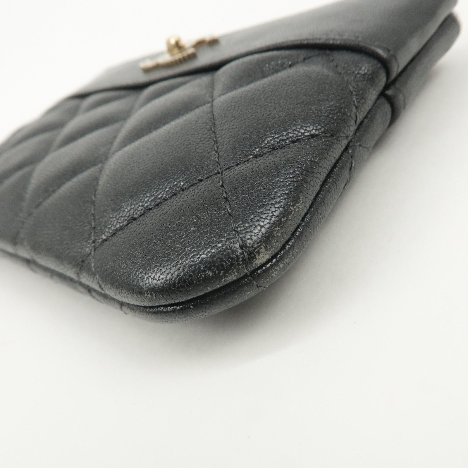 CHANEL Matelasse Lamb Skin Coco Mark Pouch Black Gold Used
