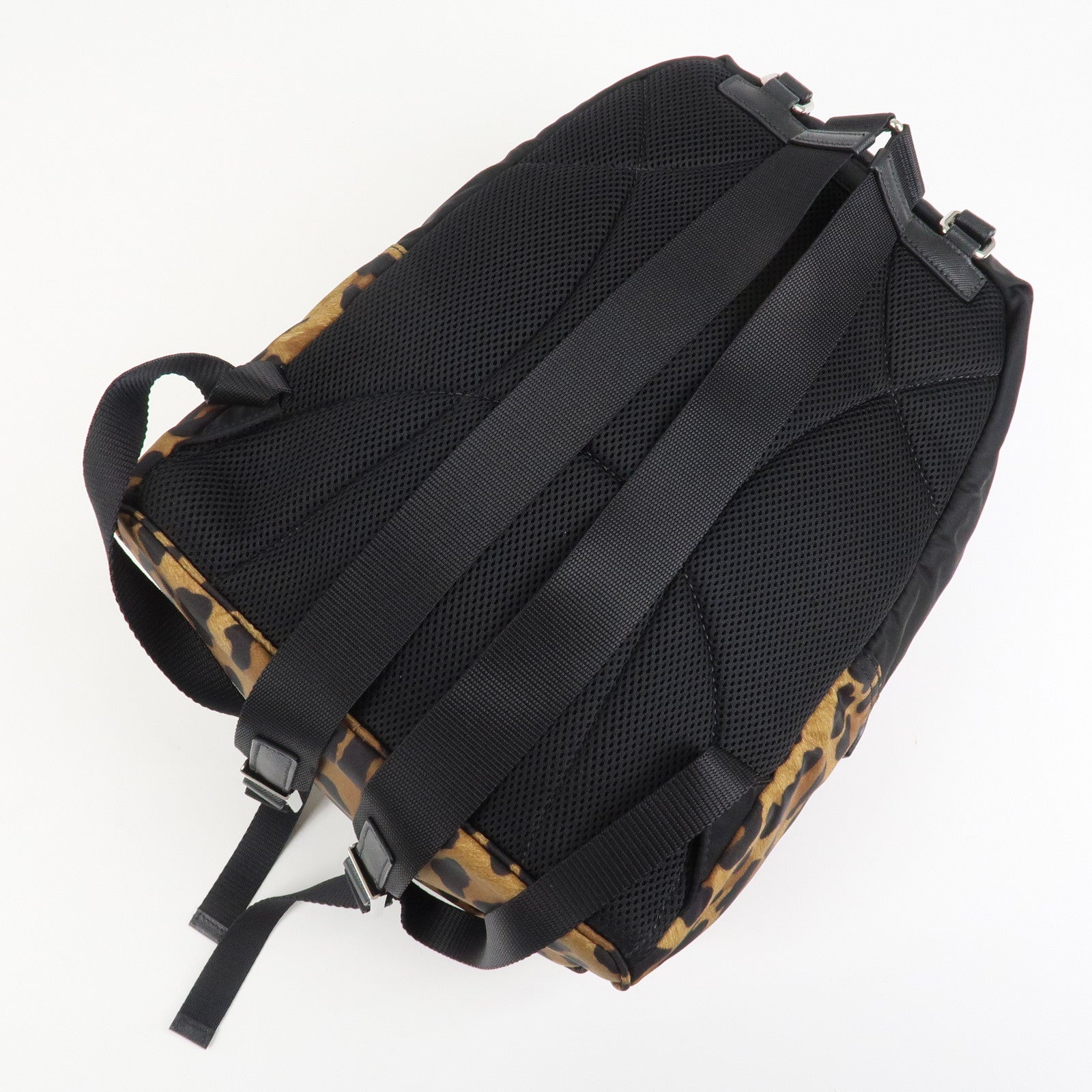 PRADA Leopard Nylon Leather Rucksack Black Brown 1BZ001 Used