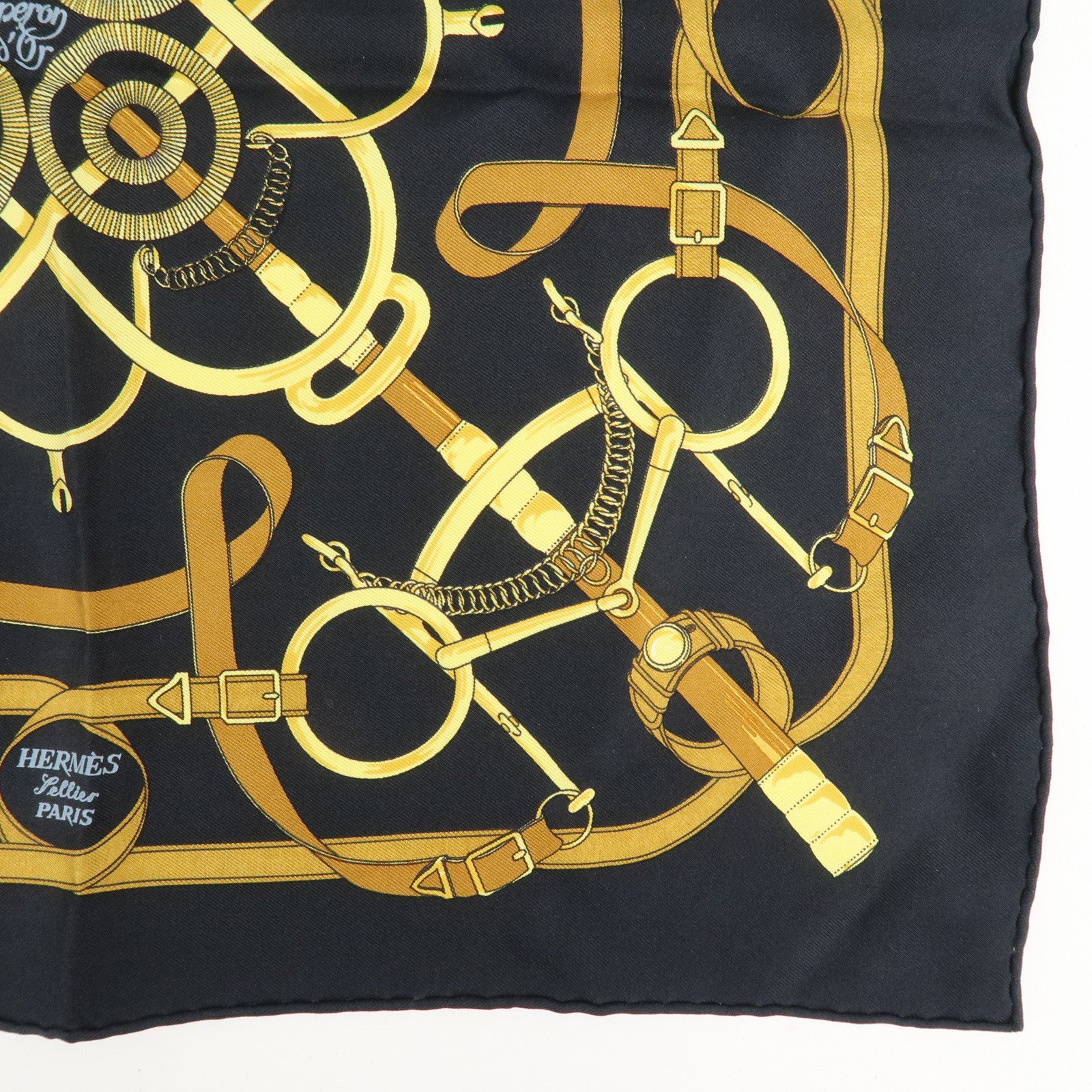 HERMES Silk 100% Carre 40 Scarf Pellier Navy Gold Used
