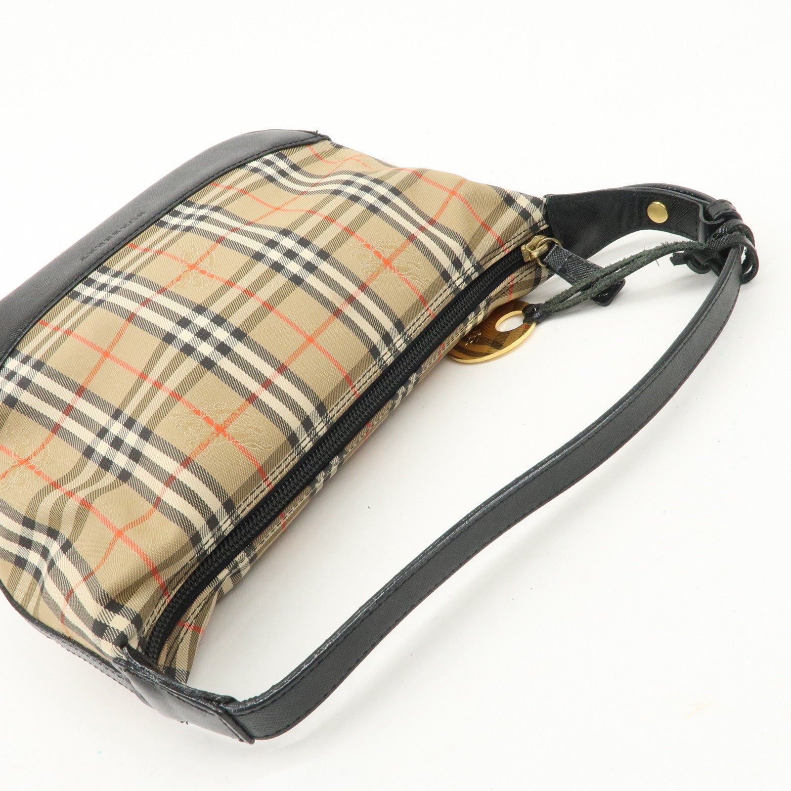 BURBERRY Nova Plaid Canvas Leather Shoulder Bag Hand Bag Black Used
