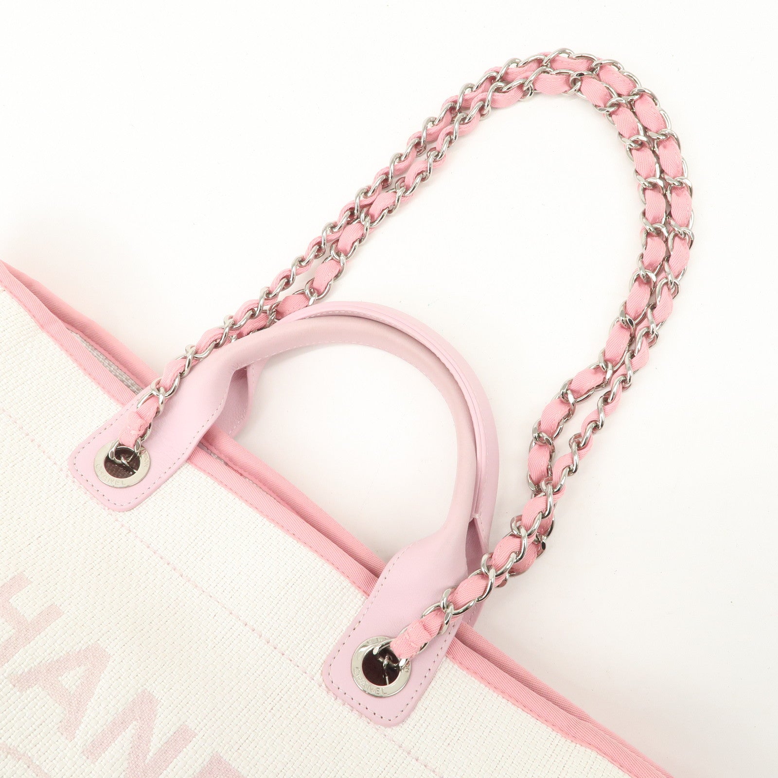 CHANEL Deauville Raffia Leather Chain Tote Bag GM Pink A66941 Used