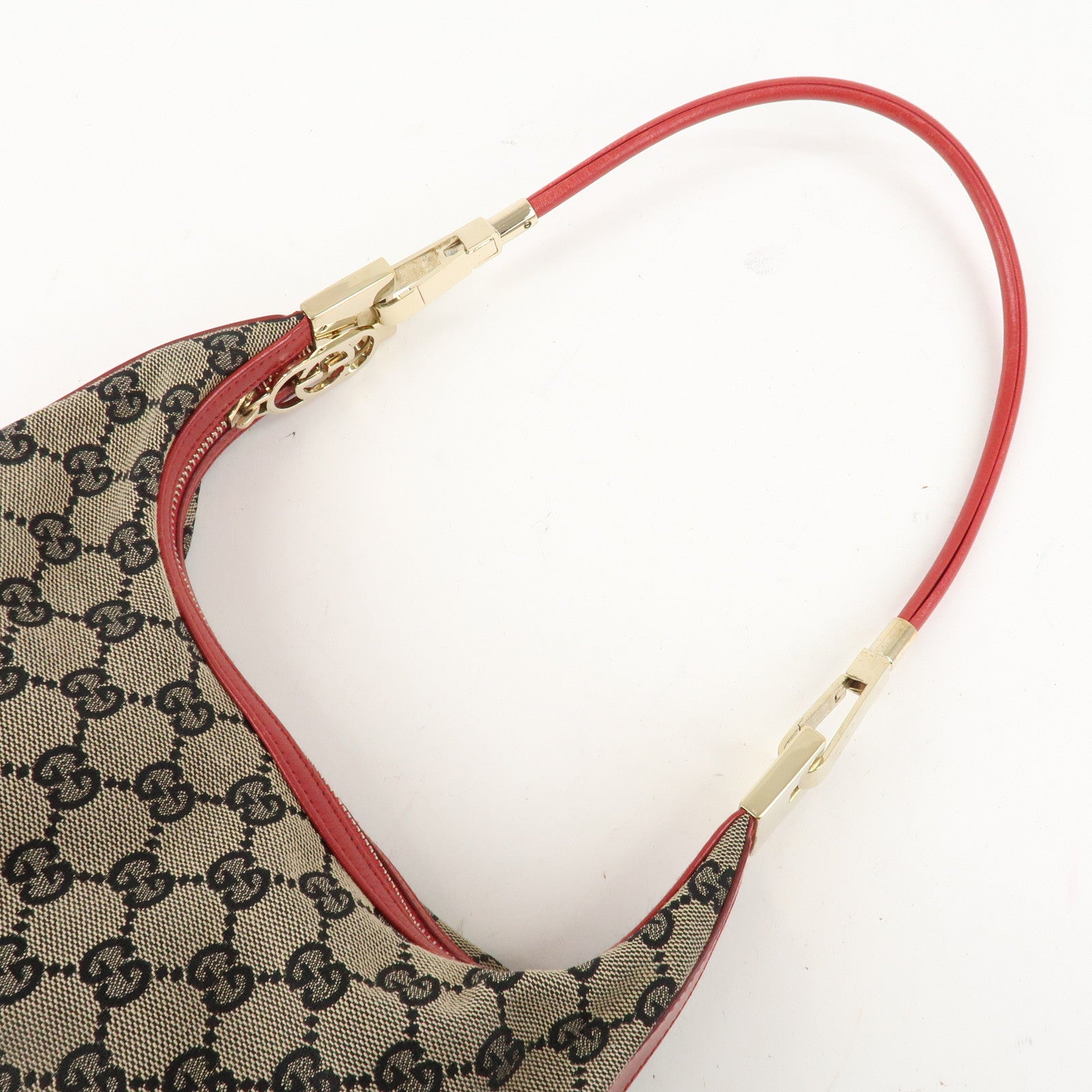 GUCCI GG Canvas Leather One-Shoulder Bag Beige Navy Red 001.3812 Used