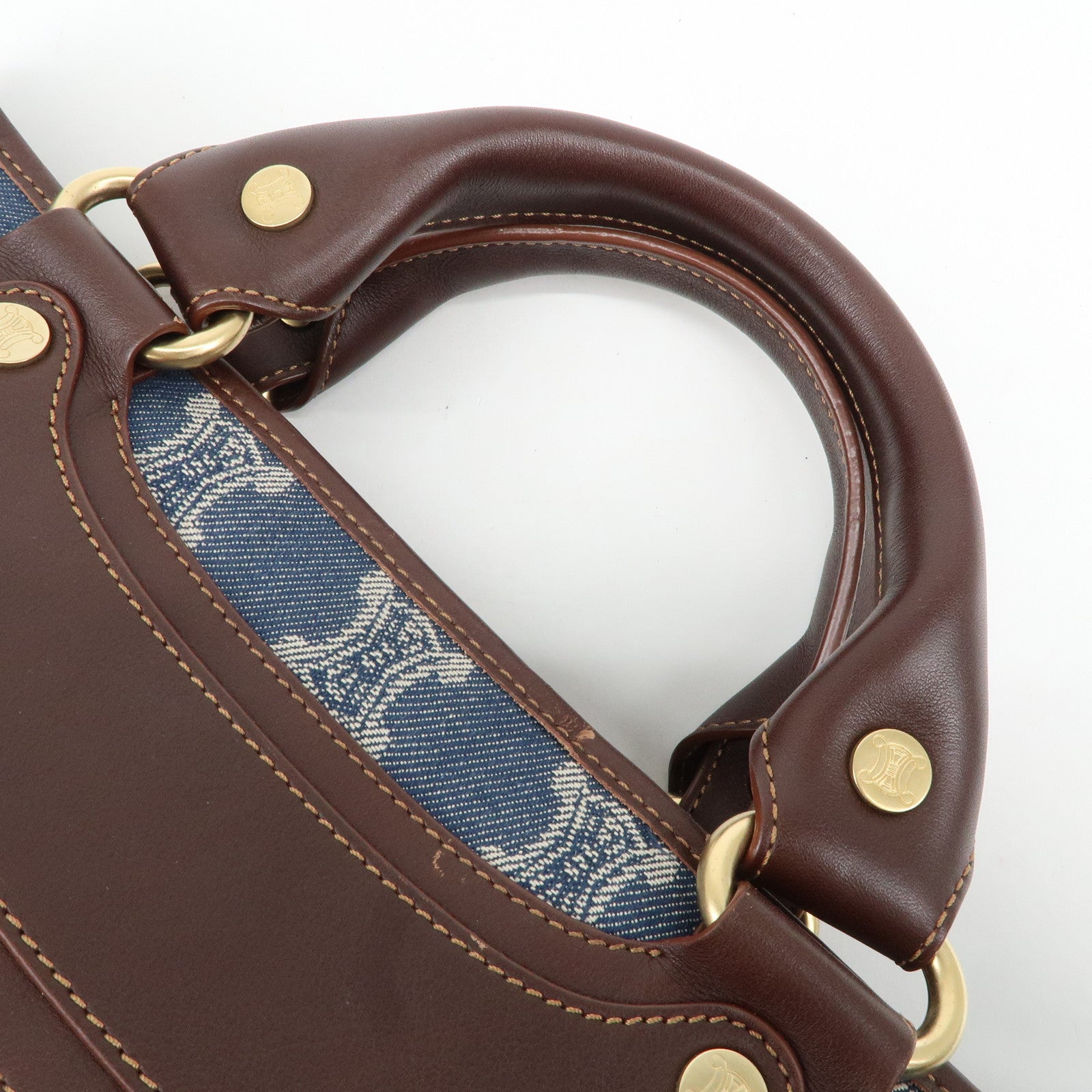 CELINE Macadam Denim Canvas Leather Boogie Bag Tote Bag Blue Brown Used