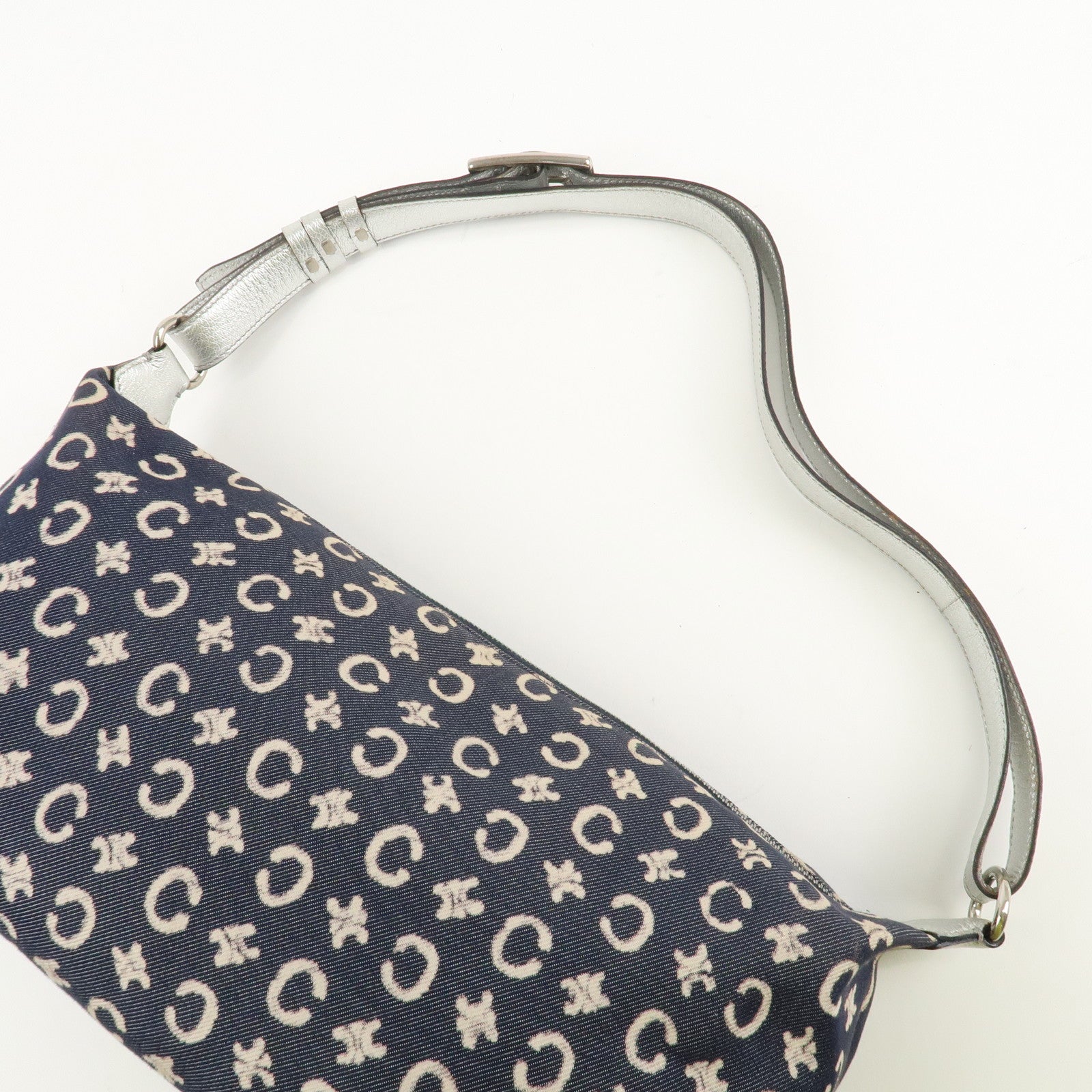 CELINE C Macadam Canvas Leather Shoulder Bag Navy Silver Used