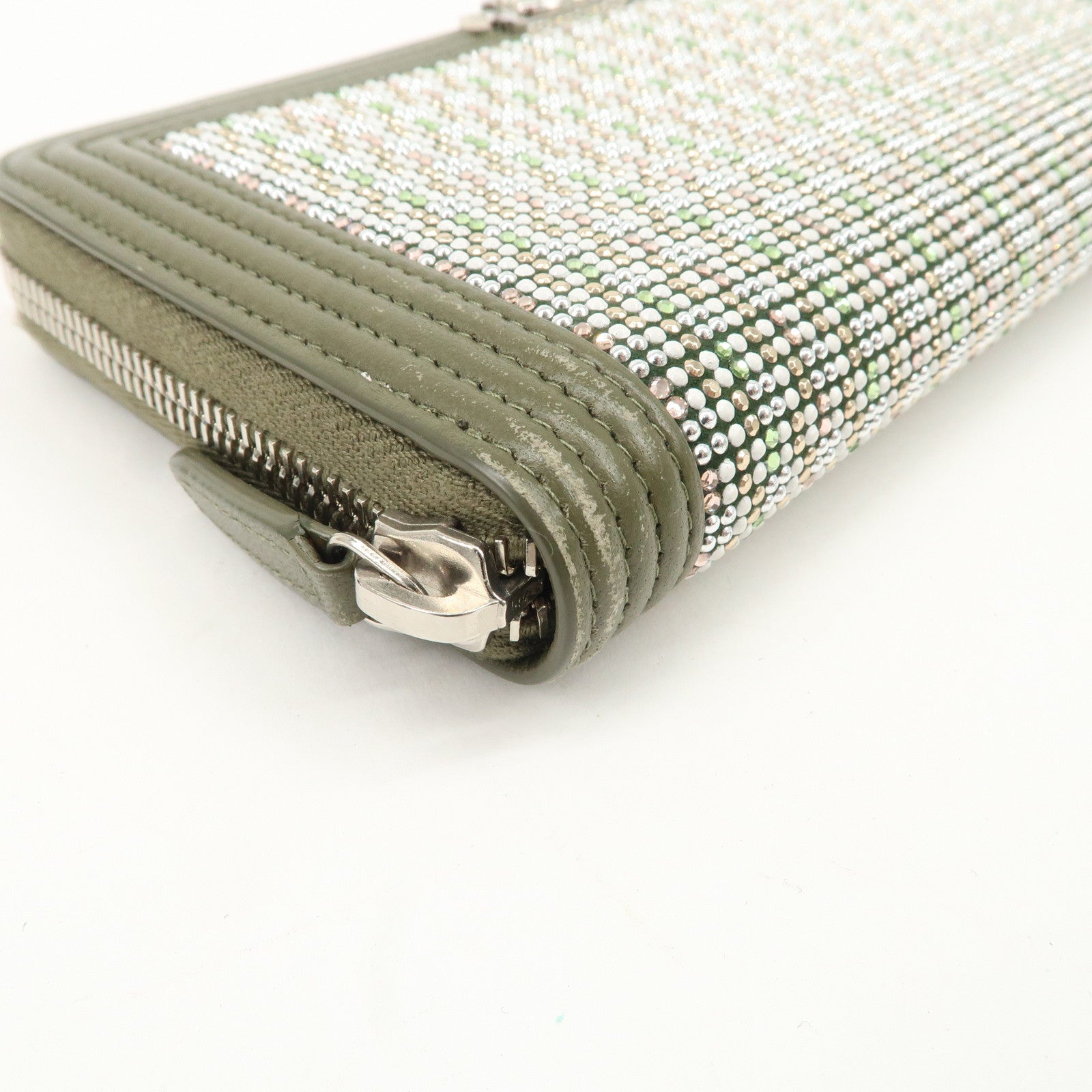 CHANEL Boy Chanel Rhine Stone Leather Round Zipper Long Wallet Used