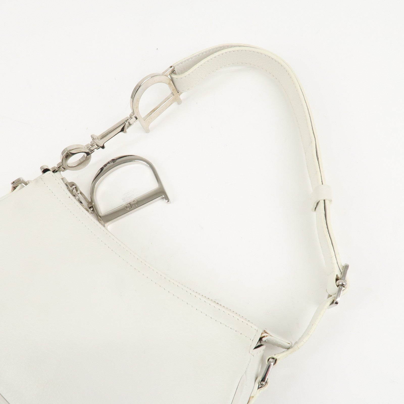 Christian Dior Canvas Leather Logo Charm Hand Bag White Used