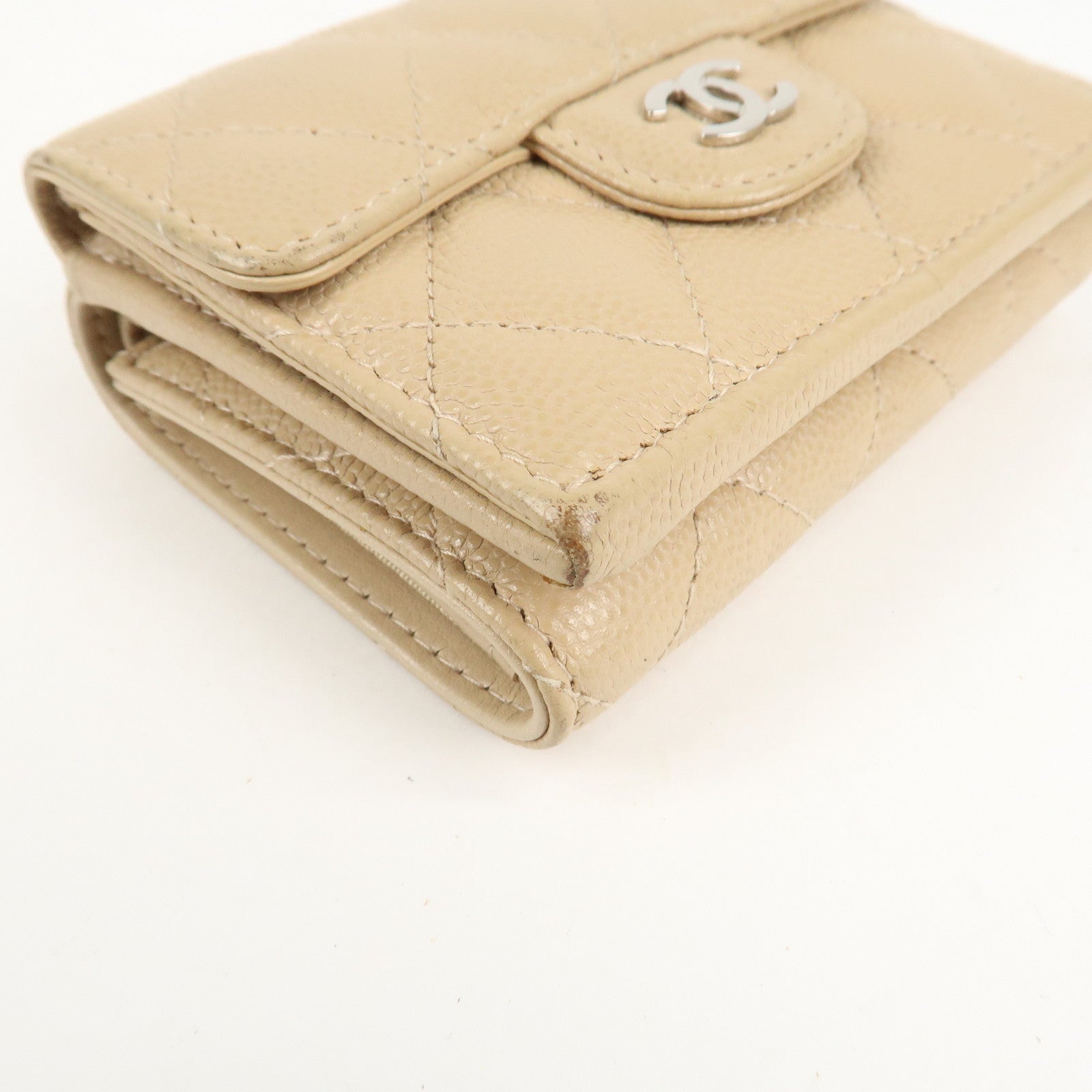 CHANEL Matelasse Cavier Skin Compact Wallet Beige Silver HDW Used