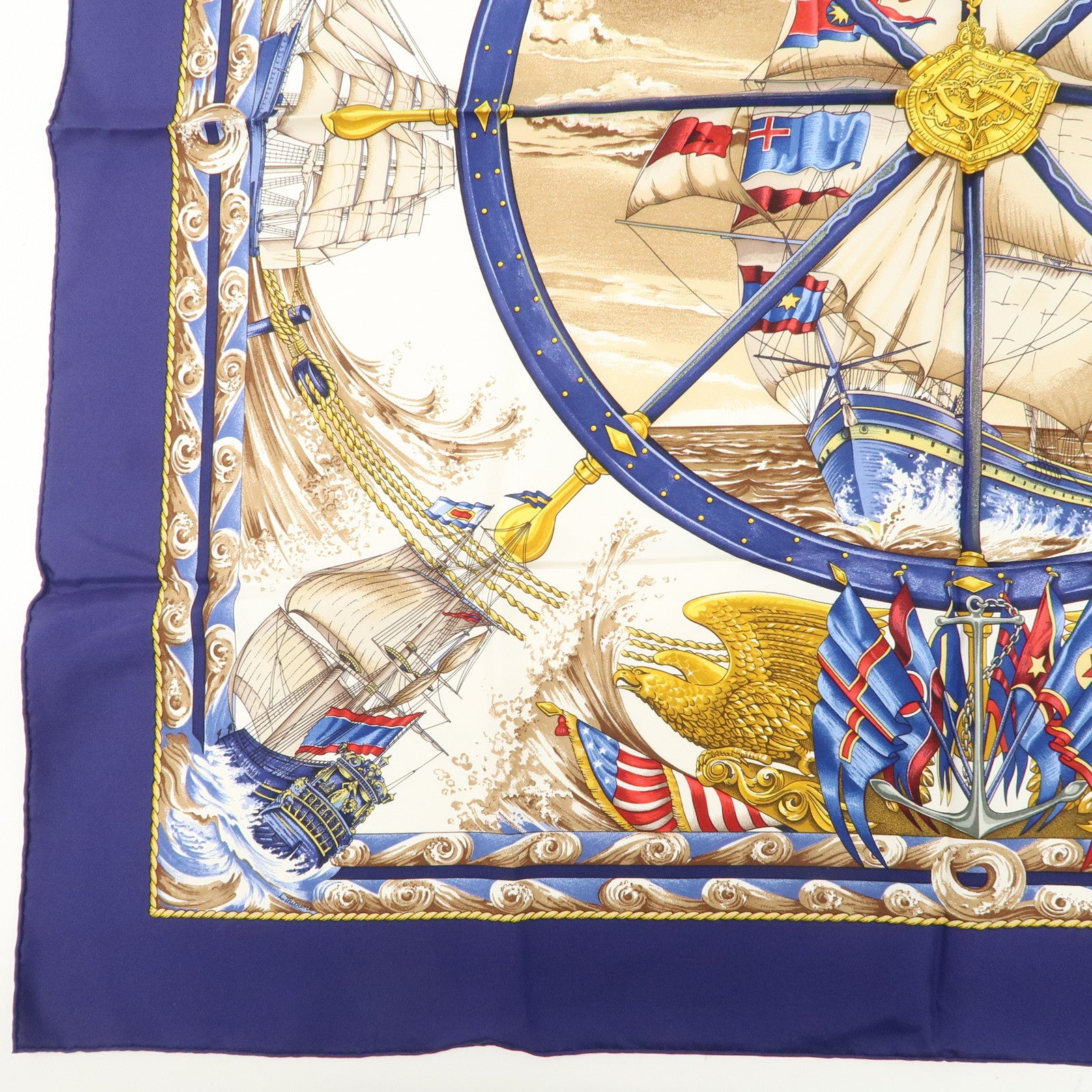 HERMES Carre 90 Silk 100% Scarf Vive levent Navy White Gold Used