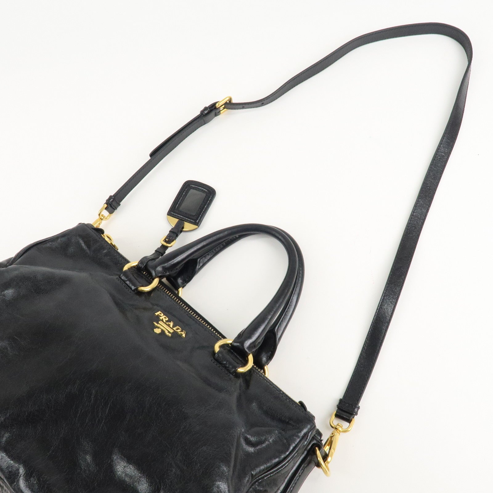 PRADA Leather 2Way Hand Bag Shoulder Bag Black BN2324 Used