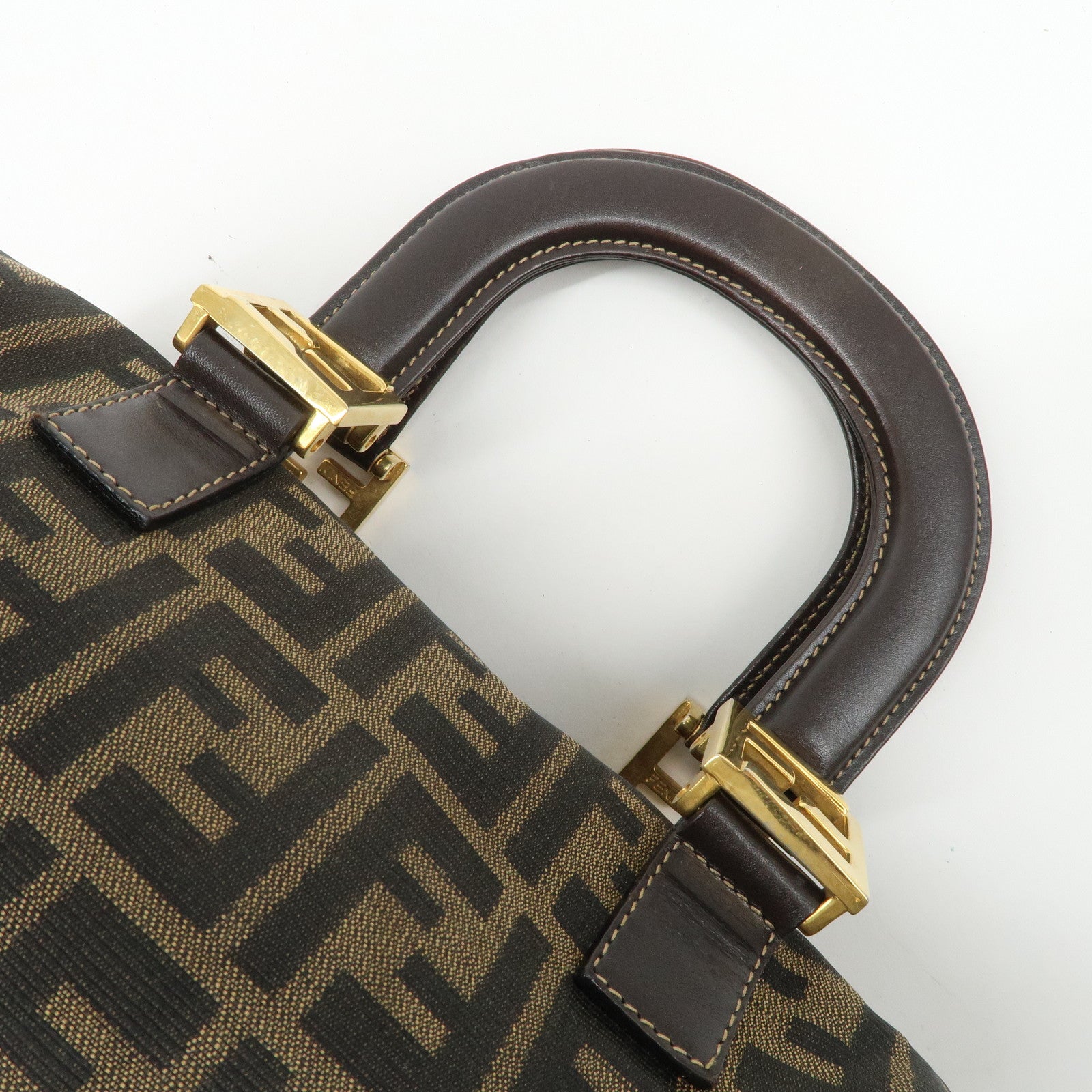 FENDI Zucca Canvas Leather Hand Bag Brown Black Used