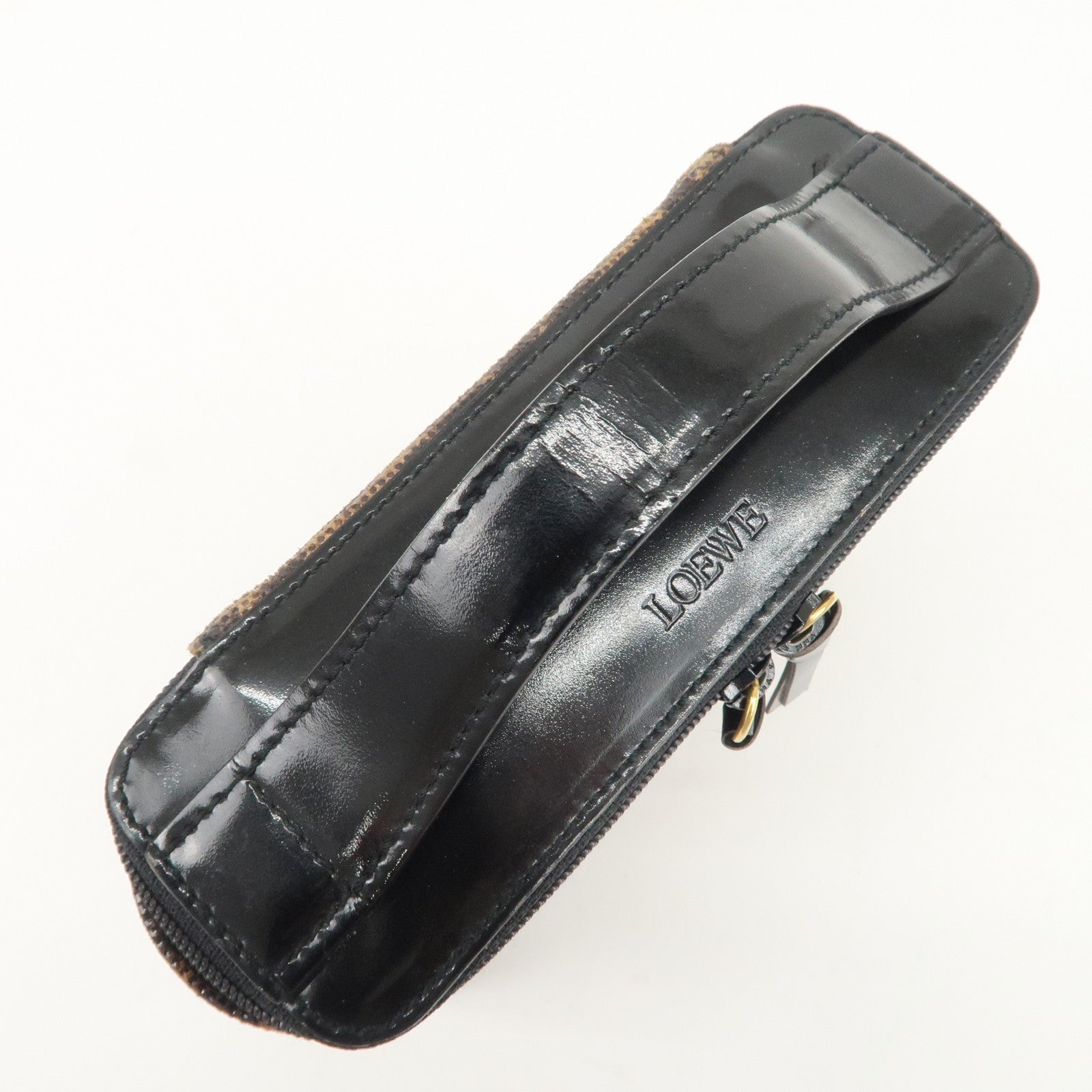 LOEWE Nylon Canvas Patent Leather Leopard Vanity Bag Black Beige Used