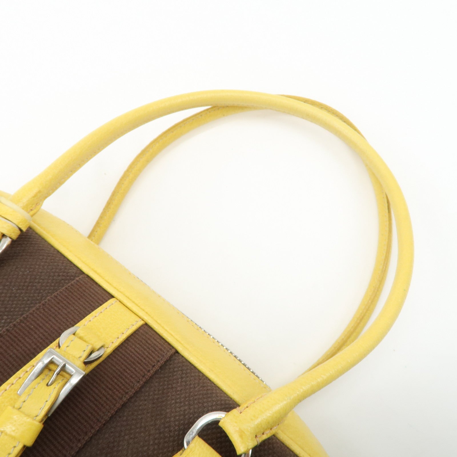 PRADA Canvas Leather Shoulder Bag Hand Bag Brown Yellow Used