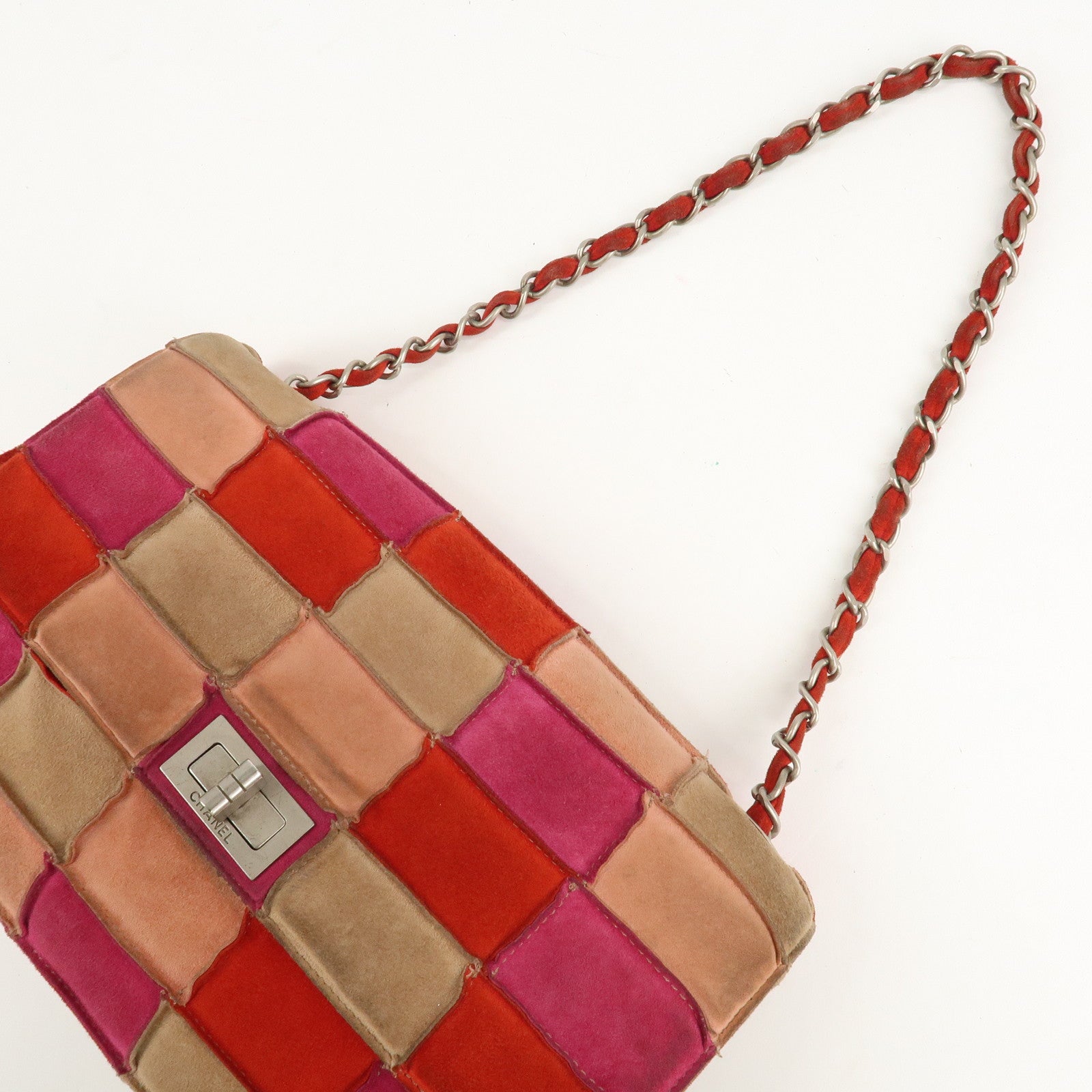 CHANEL Suede Patchwork Shoulder Bag Pink Beige Red Used