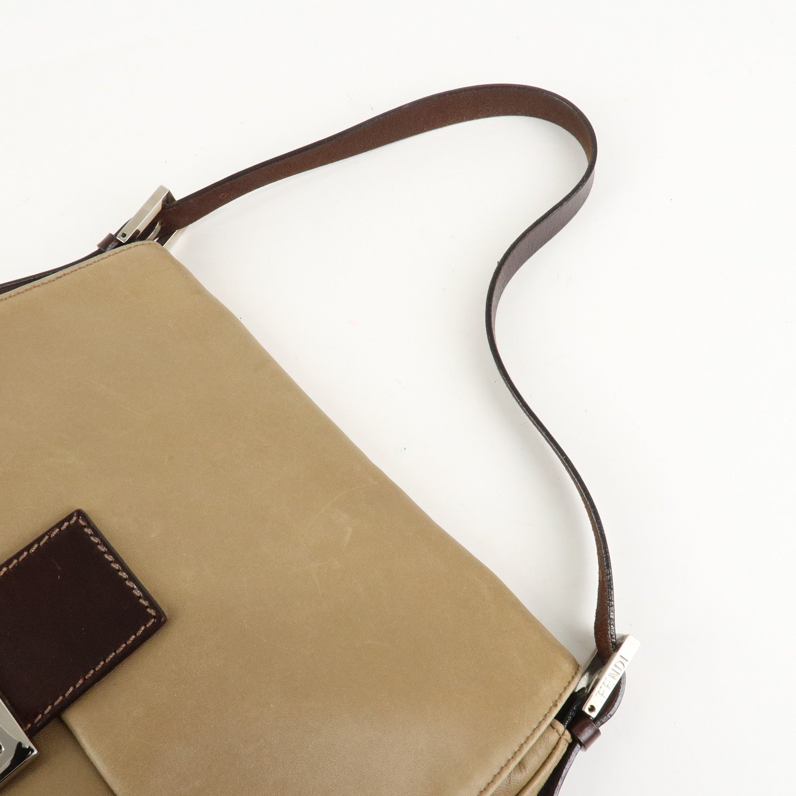FENDI Mamma Baguette Leather Shoulder Bag Hand Bag Beige Used