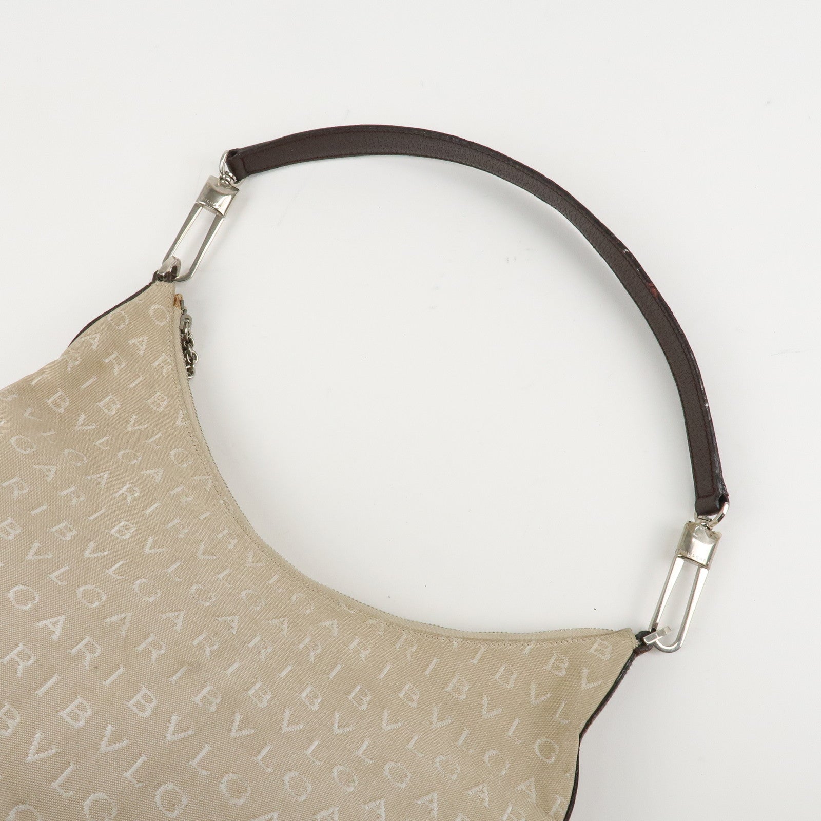 BVLGARI Logomania Canvas Leather Shoulder Bag Beige Dark Brown Used
