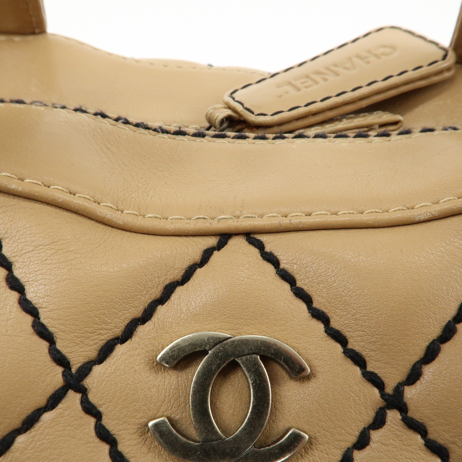 CHANEL Wild Stitch Lamb Skin Coco Mark Hand Bag Beige A14692 Used