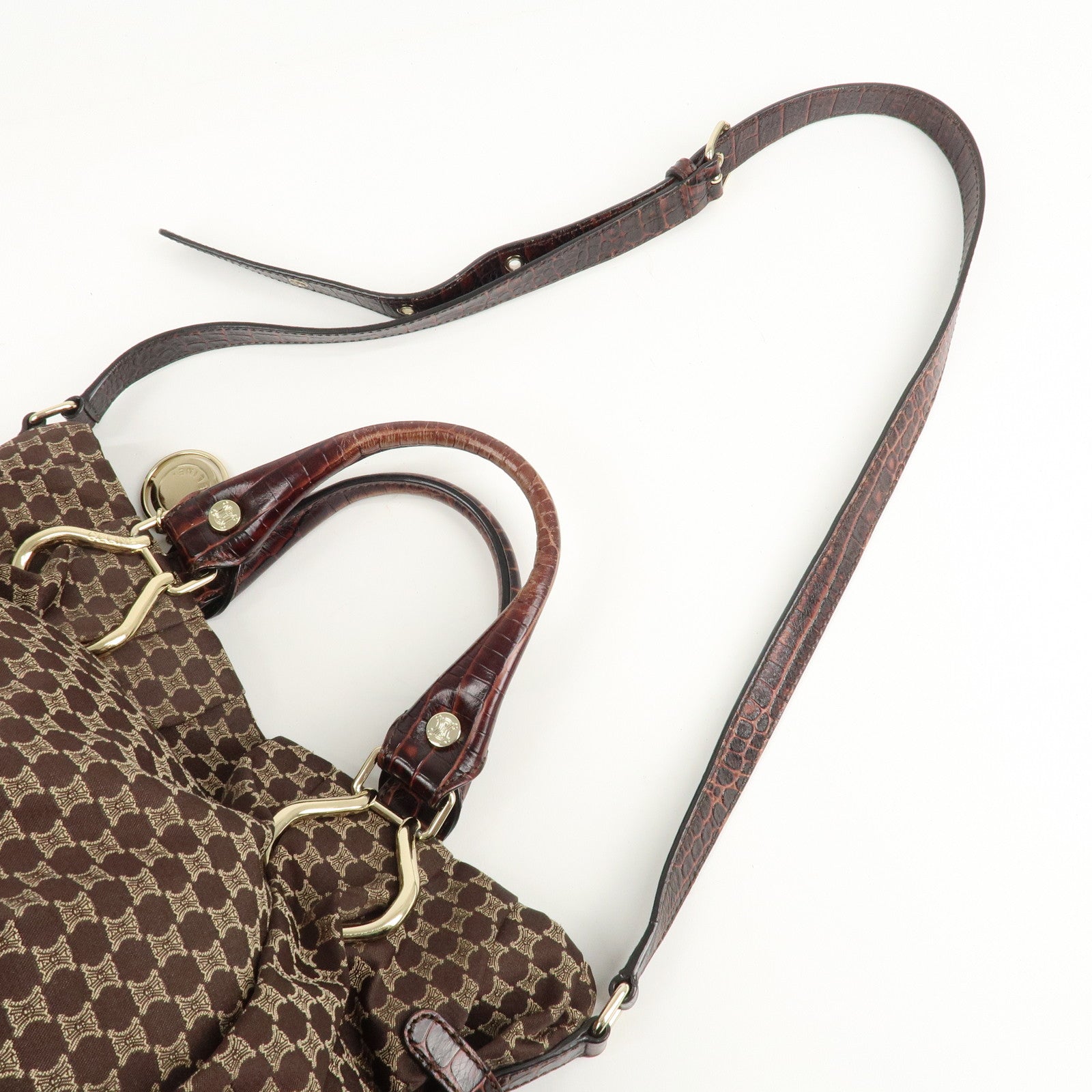 CELINE Macadam Canvas Leather 2Way Shoulder Bag Brown Used