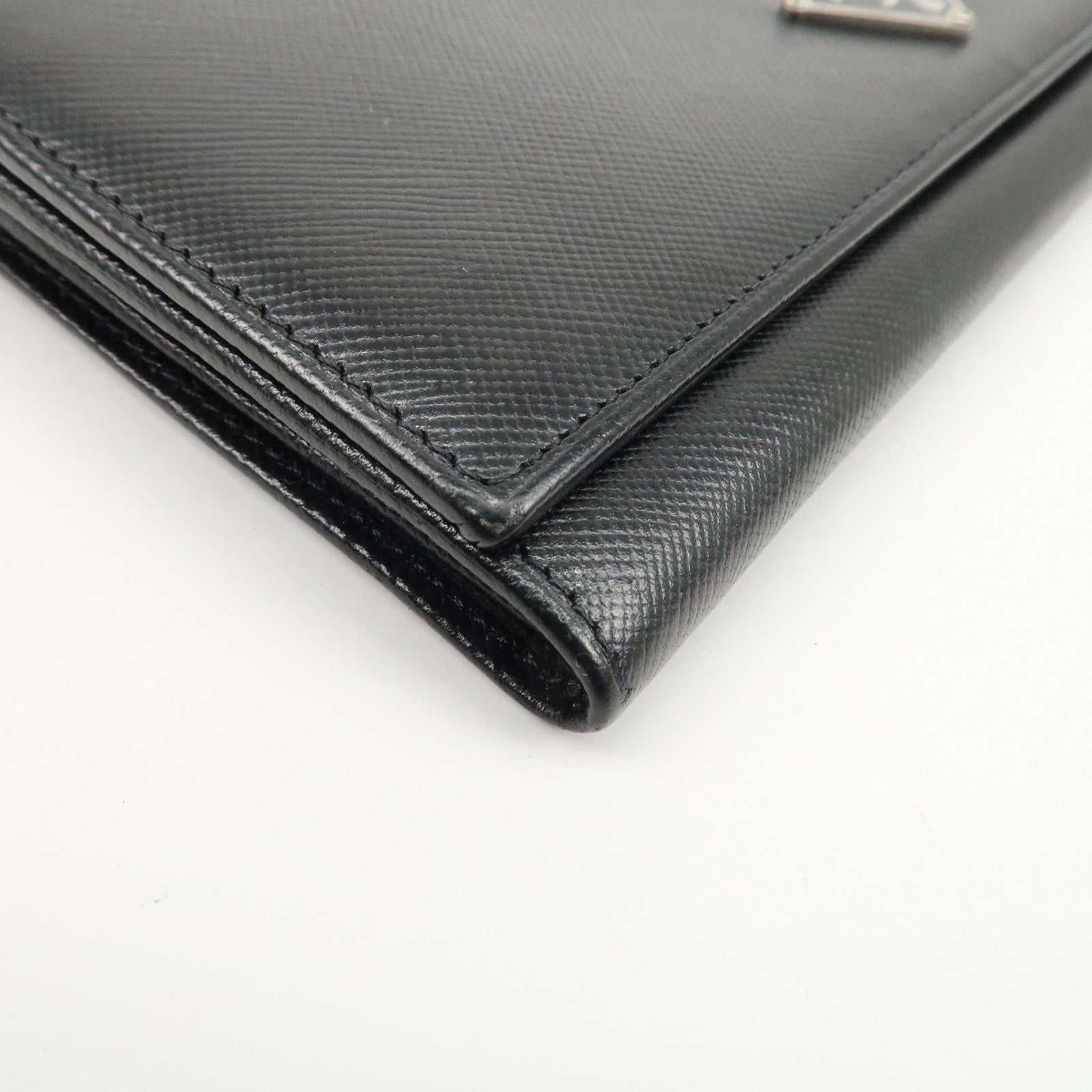 PRADA Leather Bi-fold Long Wallet Black Silver Hardware Used