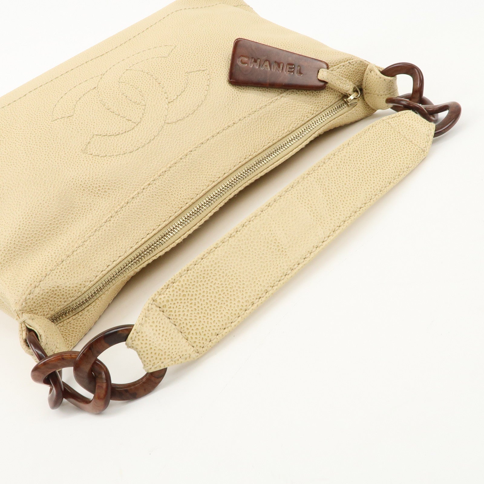 CHANEL Caviar Skin COCO Mark Wood Chain Shoulder Bag Beige Used