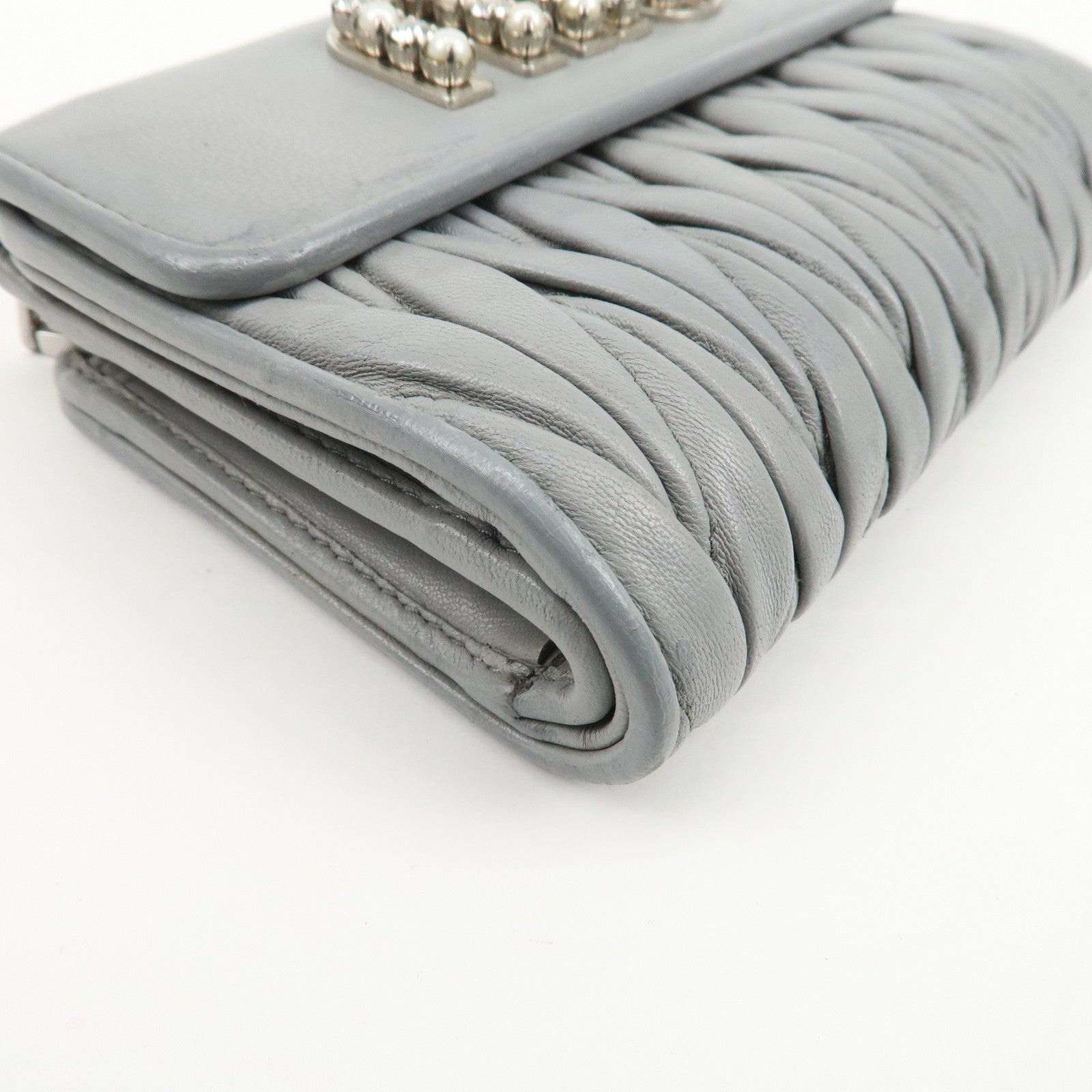 MIU MIU Matelasse Leather Bijoux Studs Tri-fold Wallet Gray Used