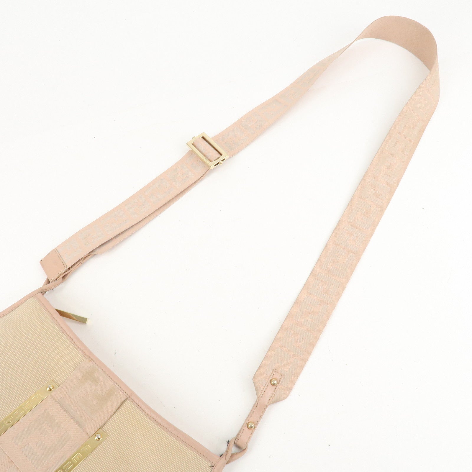 FENDI Logo Canvas Leather Shoulder Bag Beige Pink 8BT084 Used
