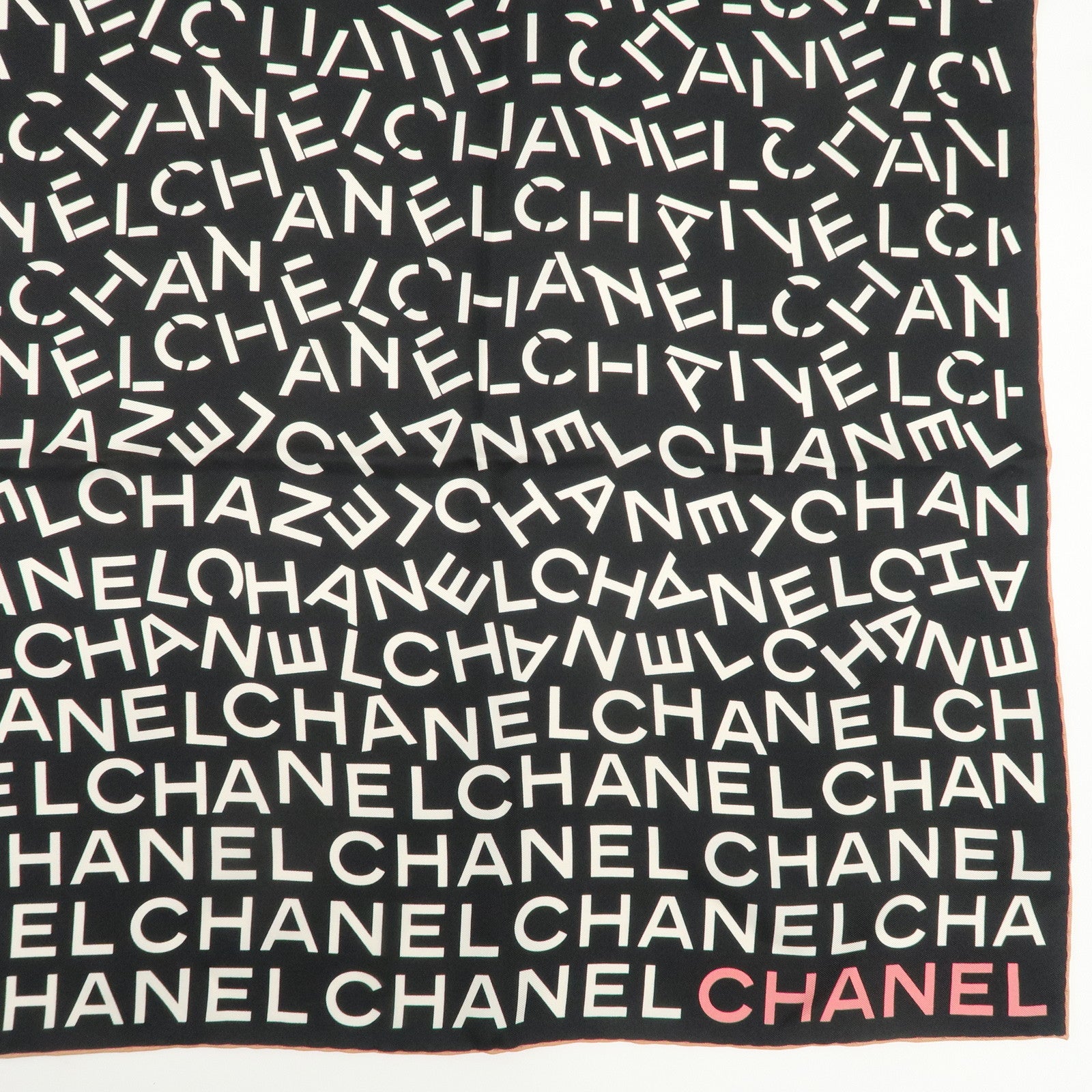 CHANEL Silk 100% Scarf Black White Used