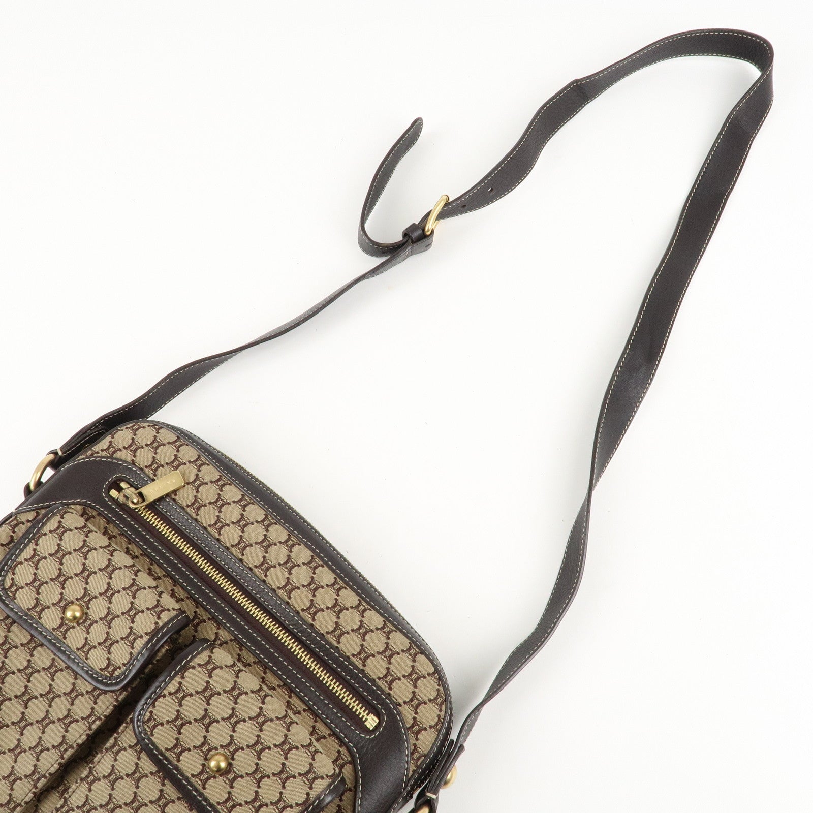 CELINE Macadam Canvas Leather Shoulder Crossbody Bag Beige Brown Used