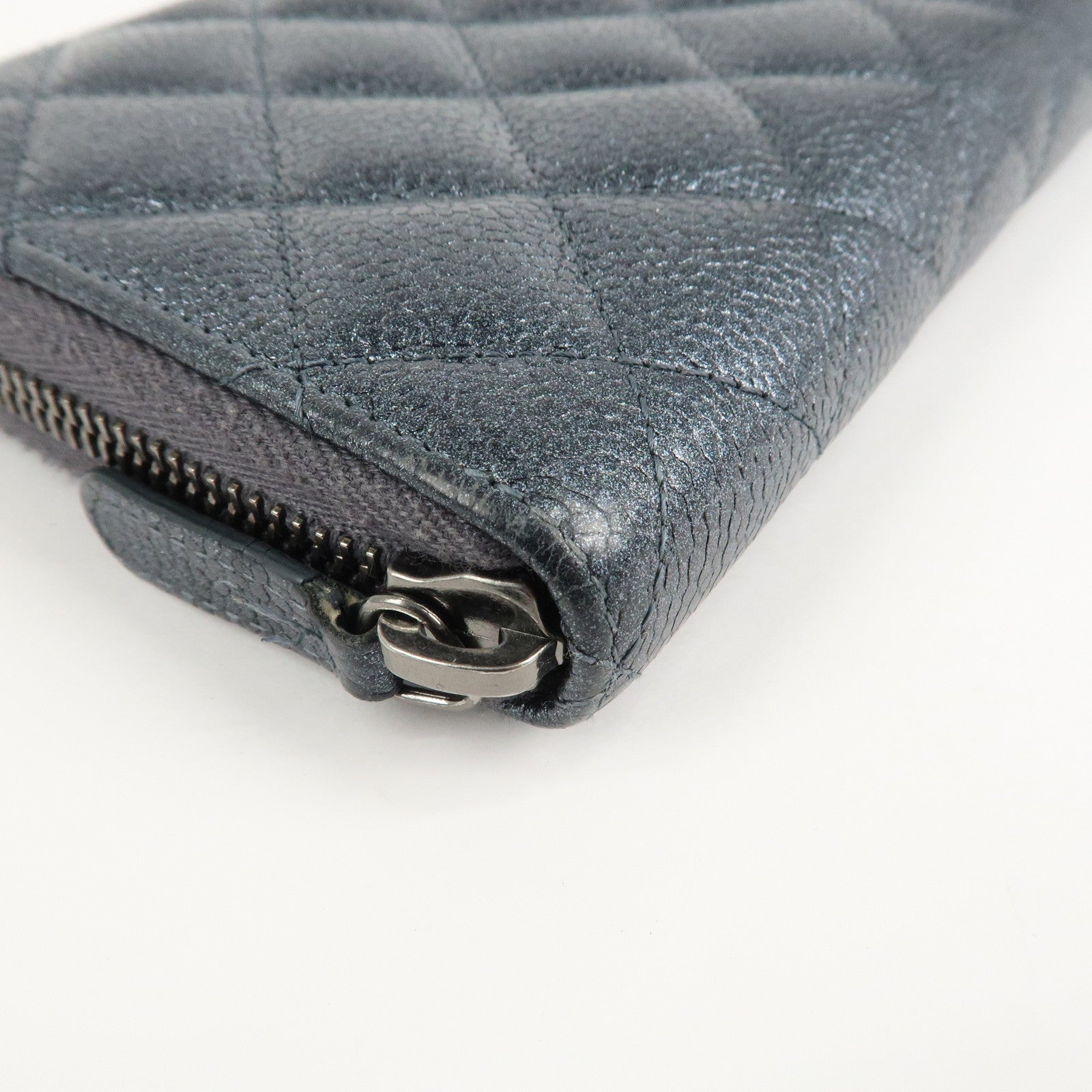 CHANEL Matelasse Caviar Skin Zip Around Long Wallet Metal Blue Used