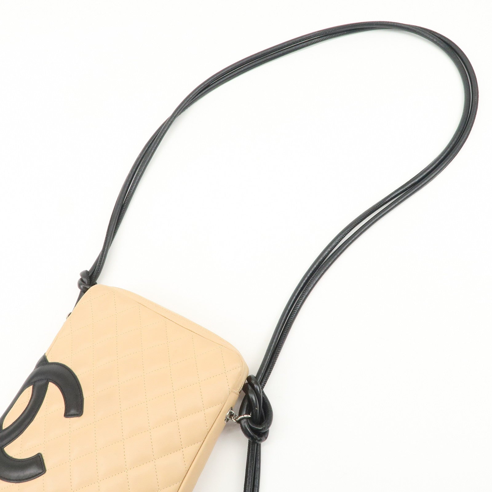 CHANEL Cambon Line Lambskin Shoulder Bag Beige Black A25178 Used