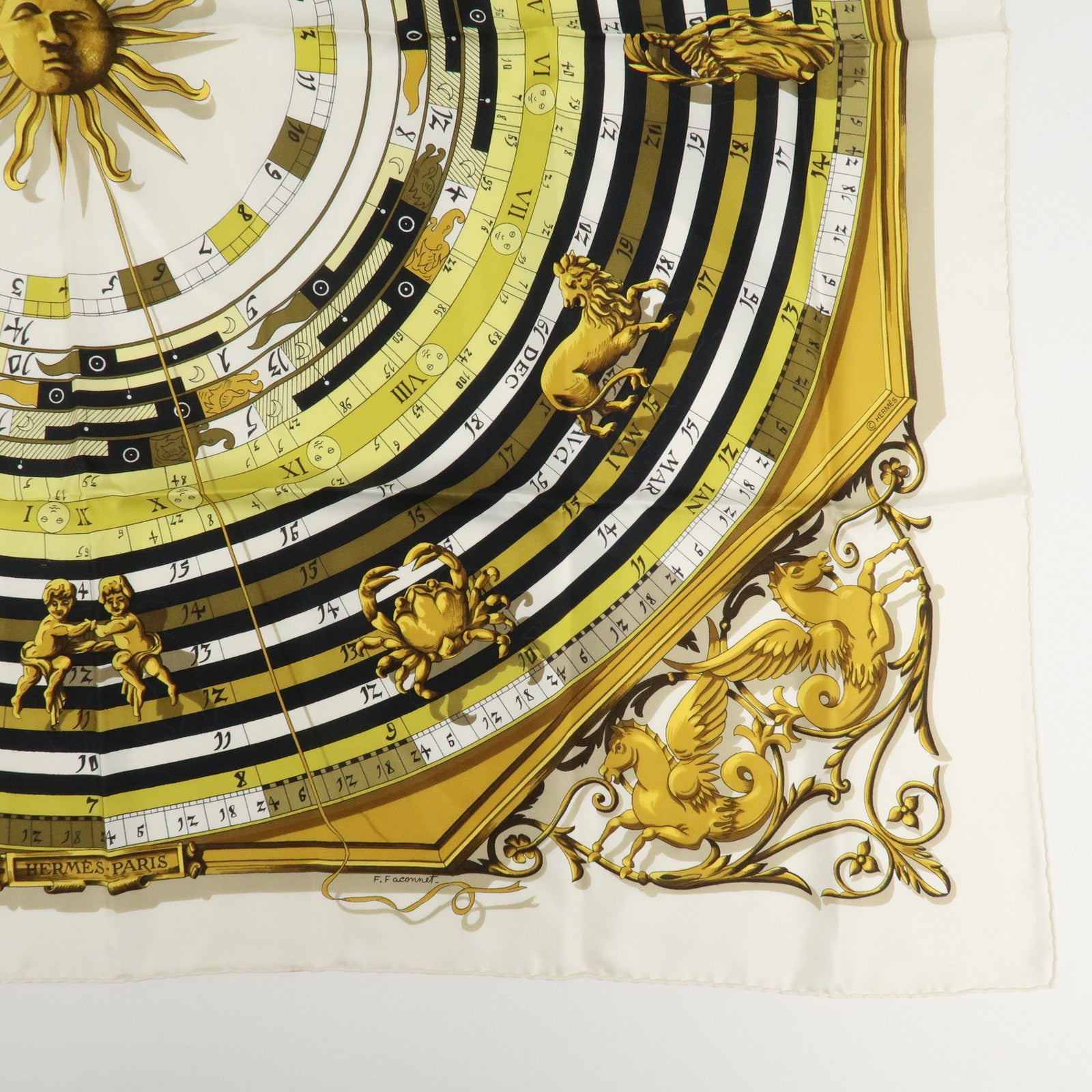 HERMES Carre 90 Silk 100% Scarf DIES ET HORE White Gold Black Used