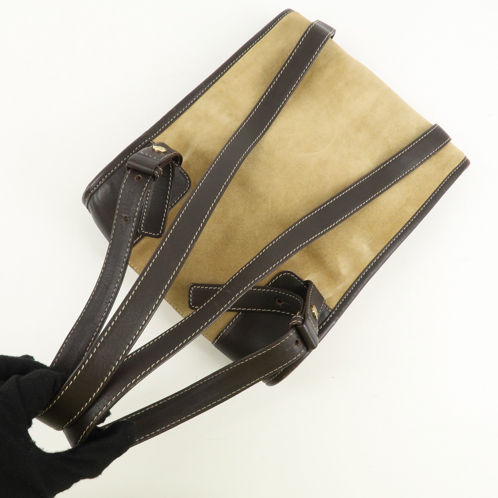 LOEWE Anagram Suede Leather Back Pack Ruck Sack Beige Dark Brown Used