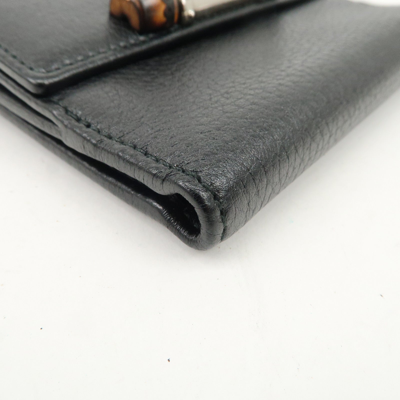GUCCI Bamboo Leather W Hook Bi-fold Wallet Black 233049 Used