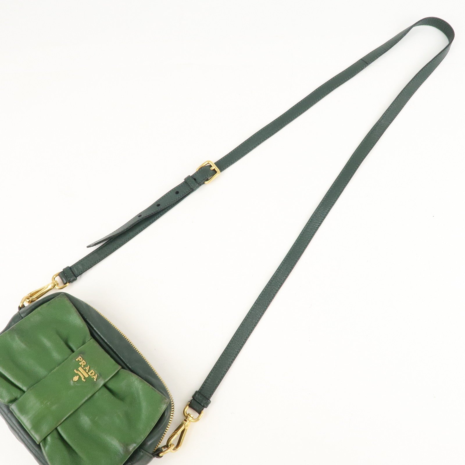 PRADA Logo Leather Ribbon Shoulder Bag Green BP0166 Used
