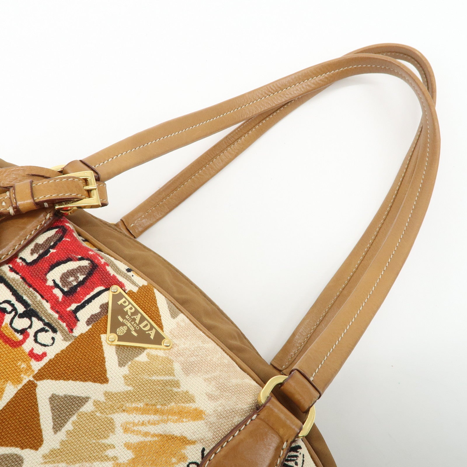 PRADA Logo Canvas Leather Nylon Shoulder Bag Boston Bag Brown Used