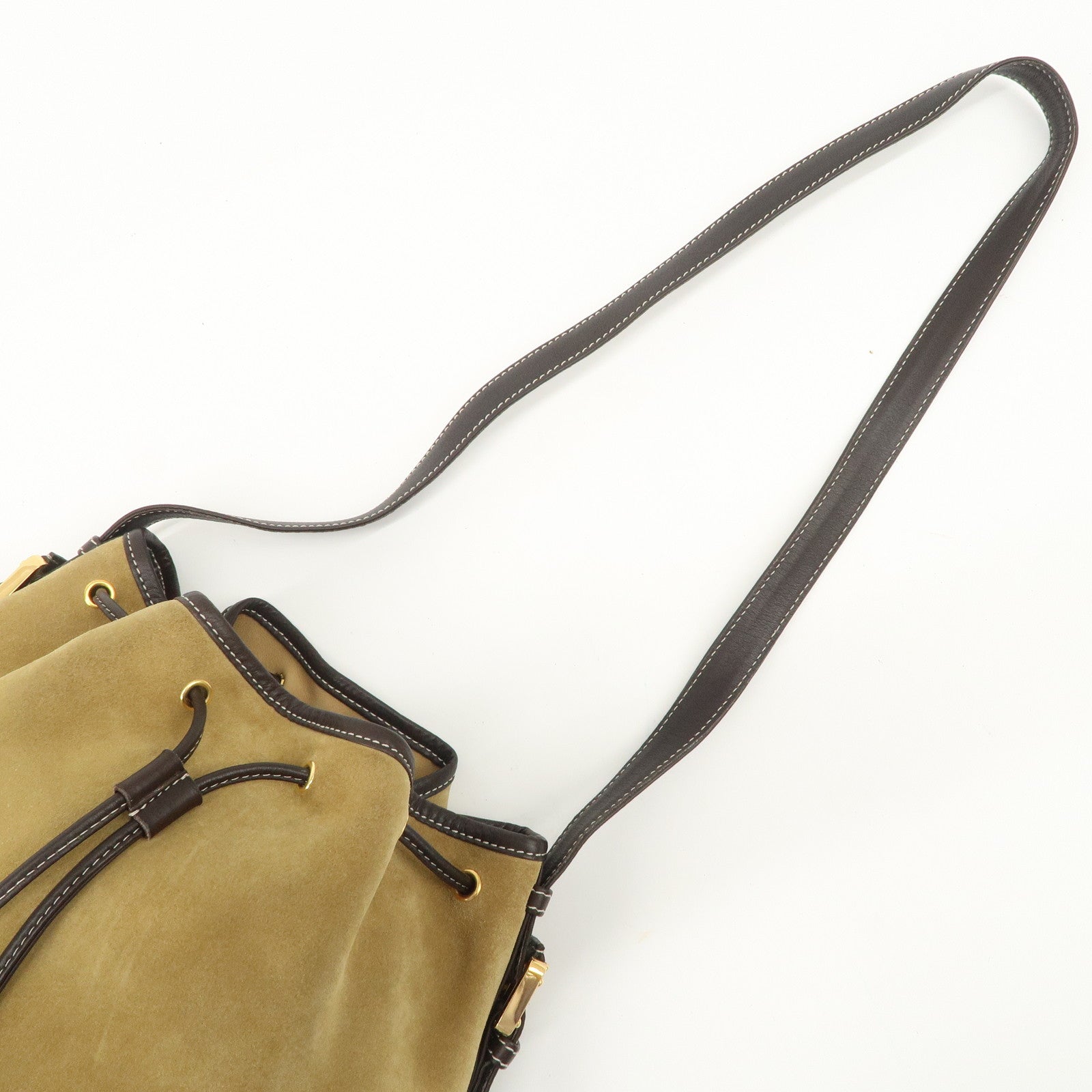 LOEWE Anagram Suede Leather Drawstring Shoulder Bag Beige Brown Used