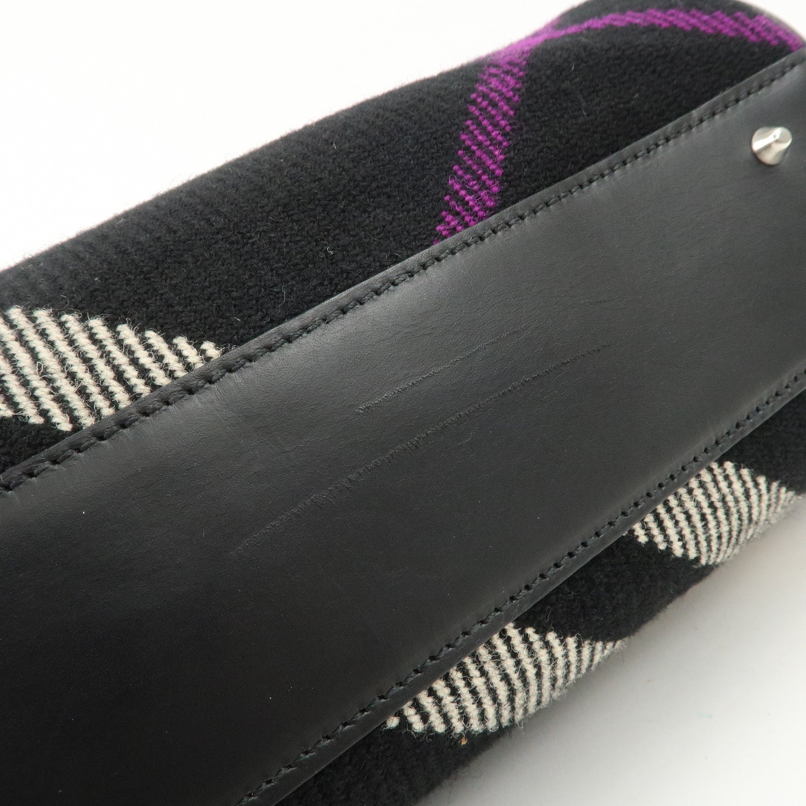 BURBERRY Wool Leather Boston Bag Hand Bag Black Beige Purple Used