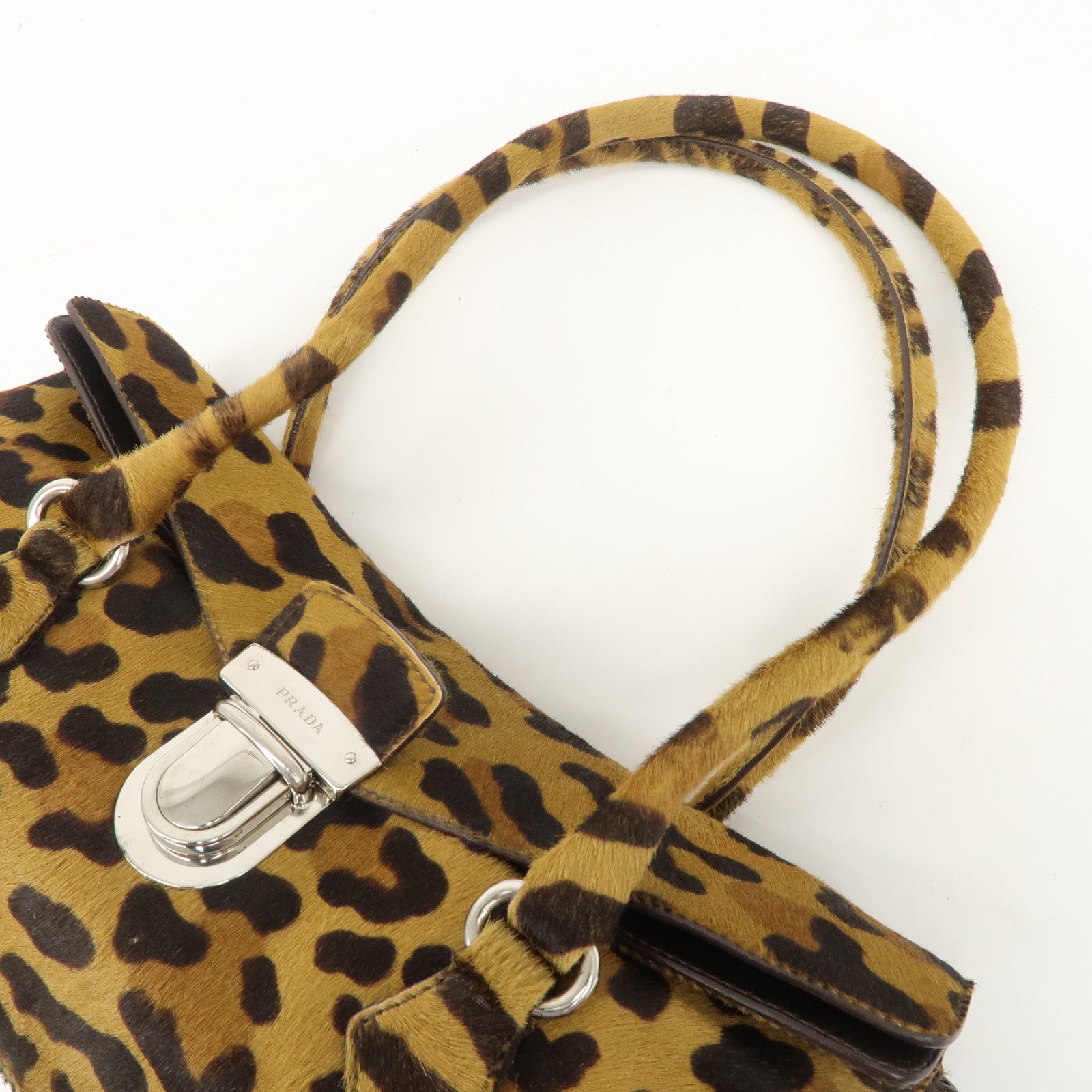 PRADA Logo Unborn Calf Leopard Shoulder Bag Hand Bag Brown Used
