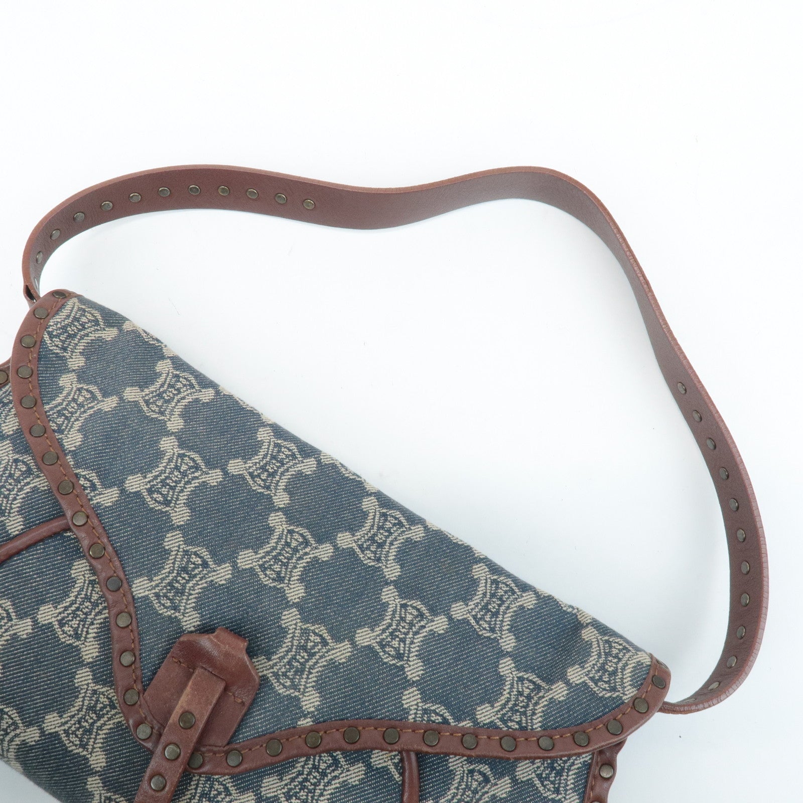 CELINE Macadam Denim Leather Shoulder Bag Blue Brown Used