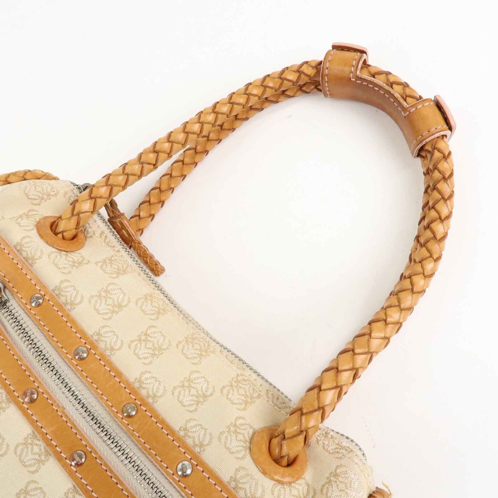 LOEWE Anagram Canvas Leather Shoulder Bag Boston Bag Beige Brown Used
